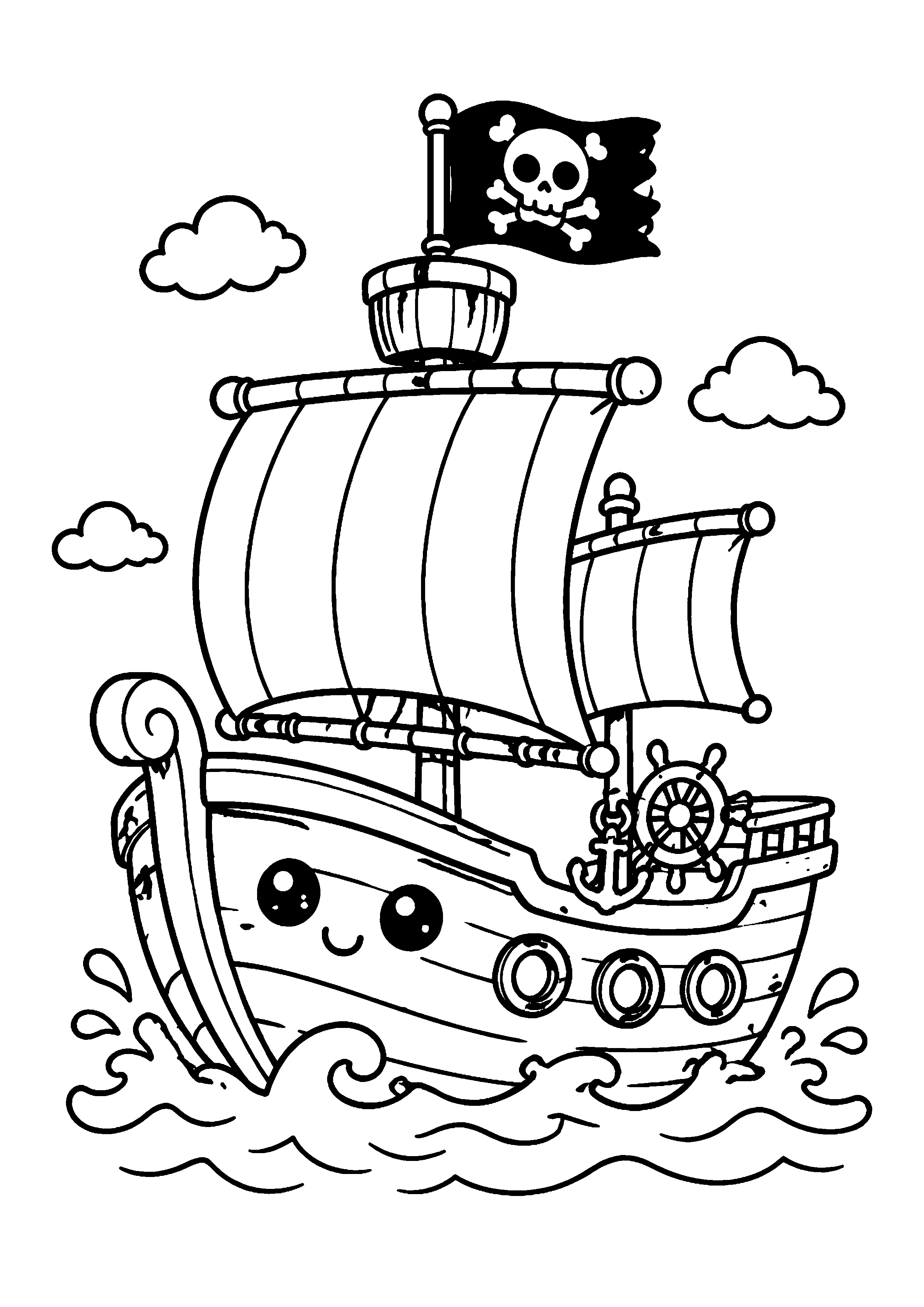 Coloriage bateau pirate kawaii avec pavillon noir à imprimer gratuitement