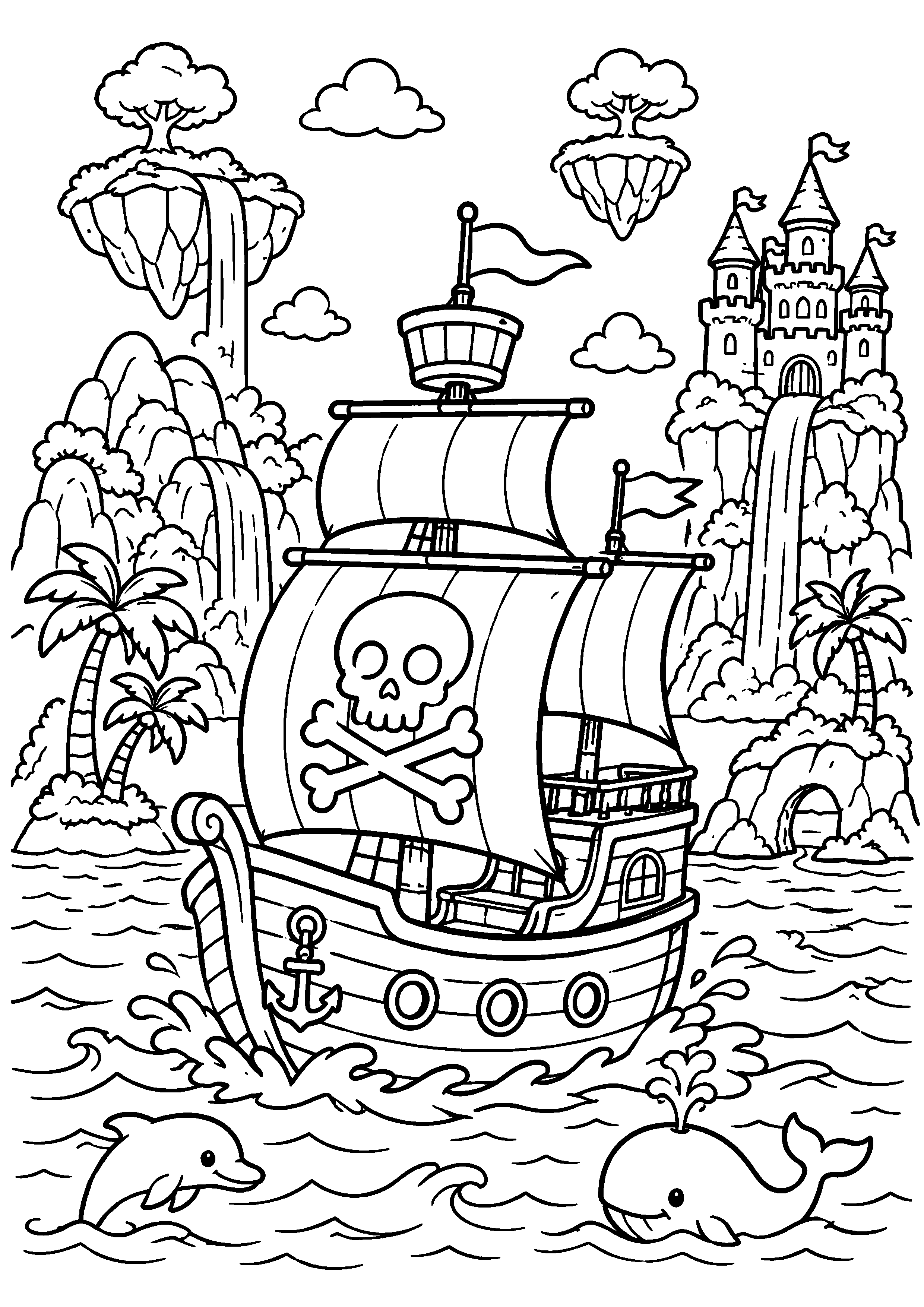 Coloriage navire pirate devant une île et un château à imprimer gratuitement