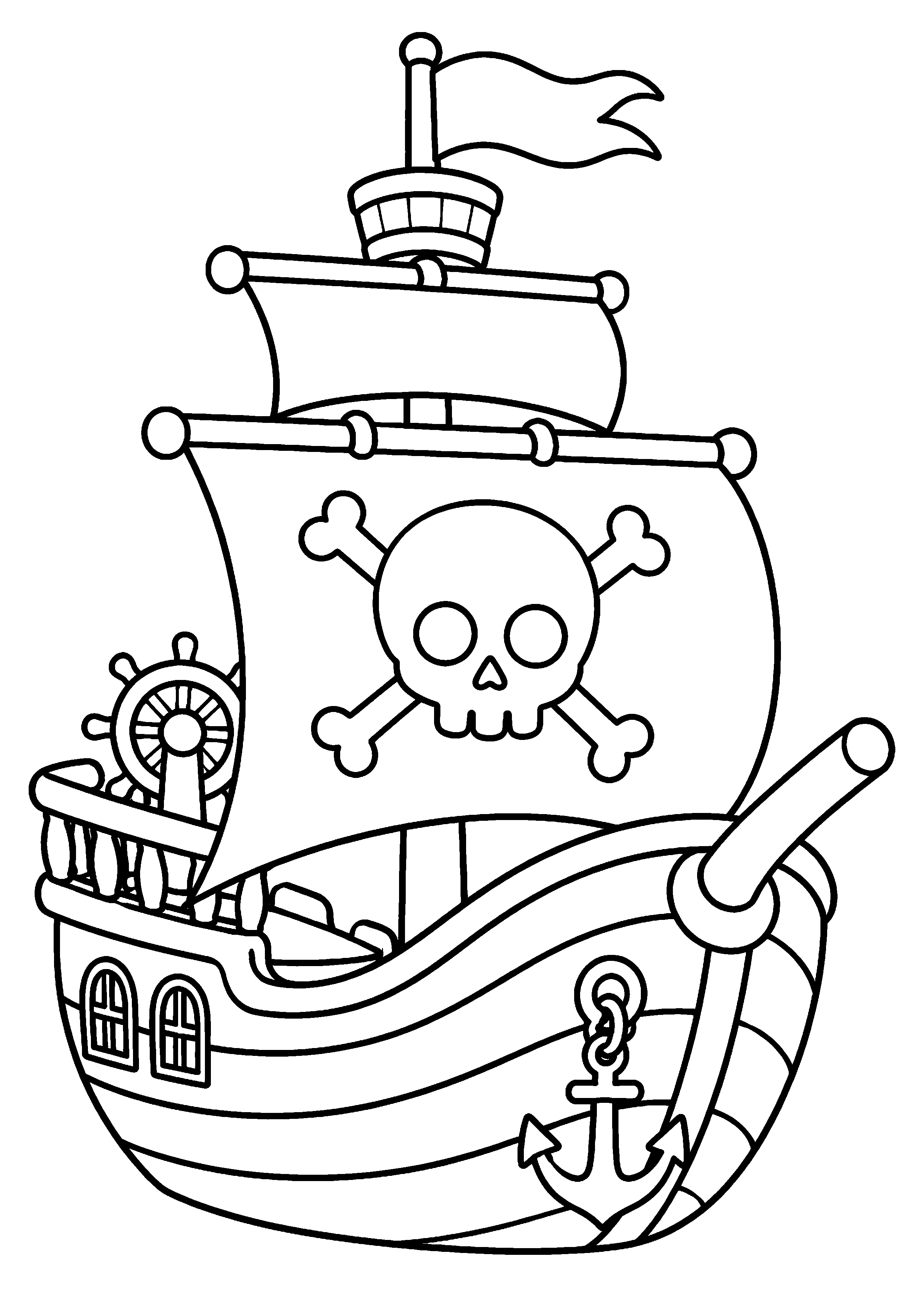 Coloriage gros bateau pirate avec canon, gouvernail et ancre à imprimer gratuitement