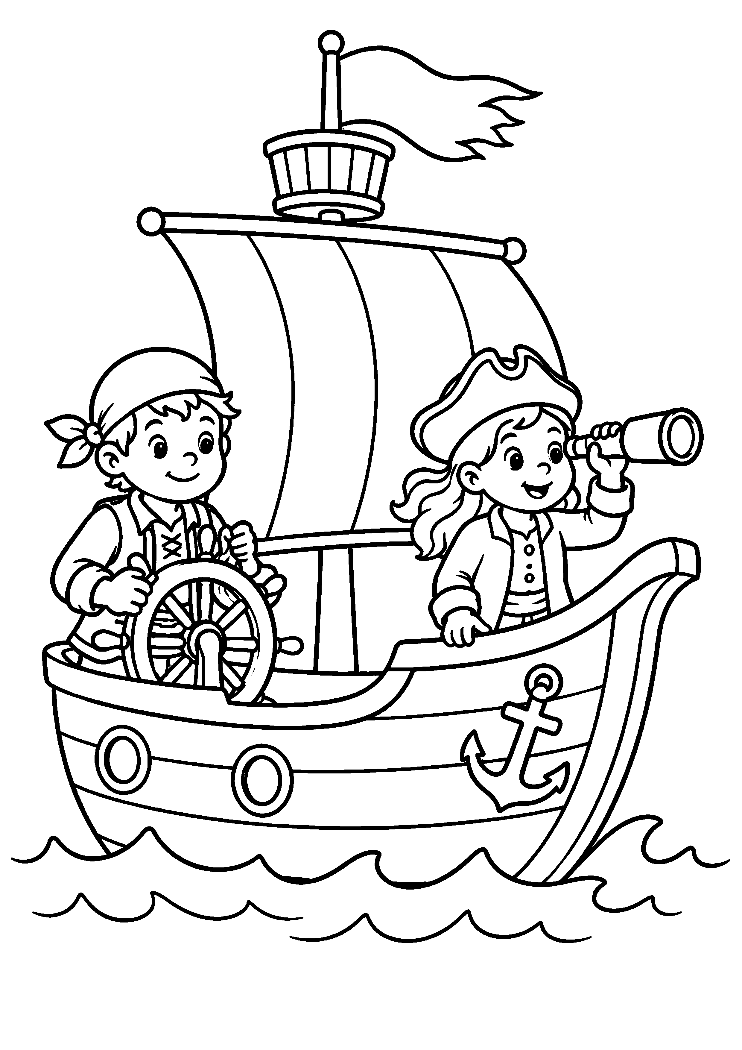 Coloriage deux jeunes pirates à la barre et à la longue-vue à imprimer gratuitement