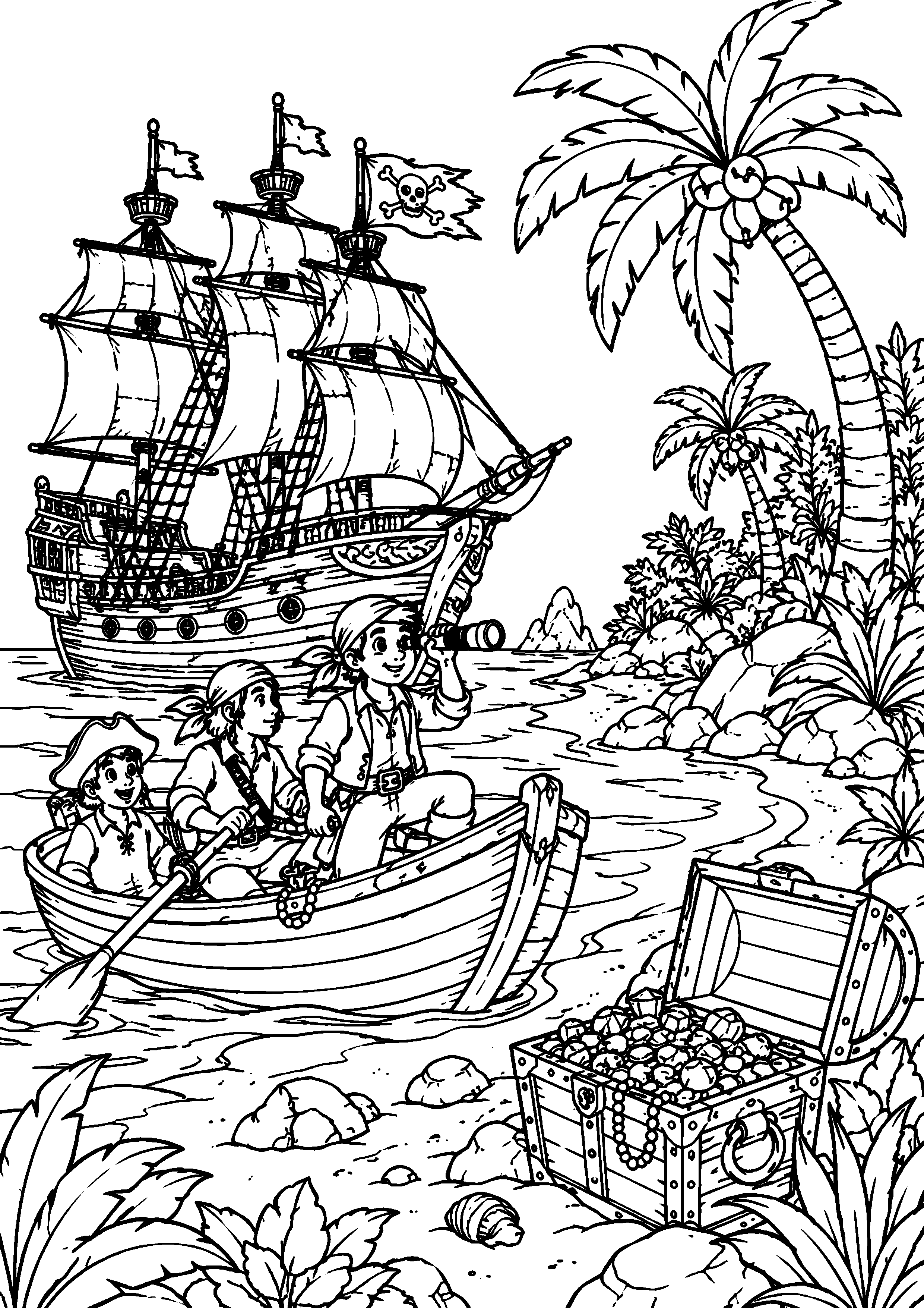 Coloriage équipage pirate débarquant près d’un coffre sur une île à imprimer gratuitement