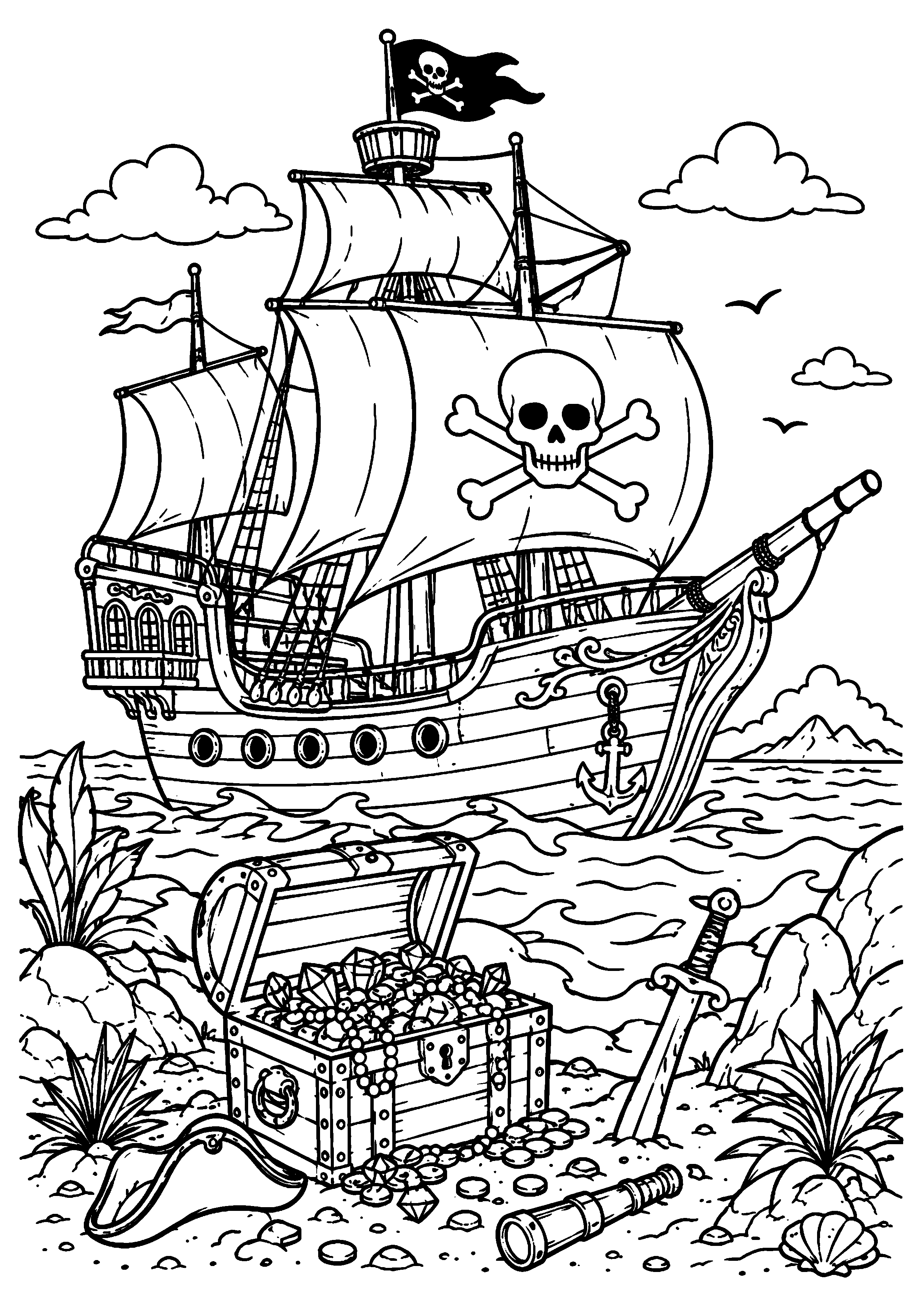 Coloriage navire pirate près d’un coffre au trésor sur la plage à imprimer gratuitement