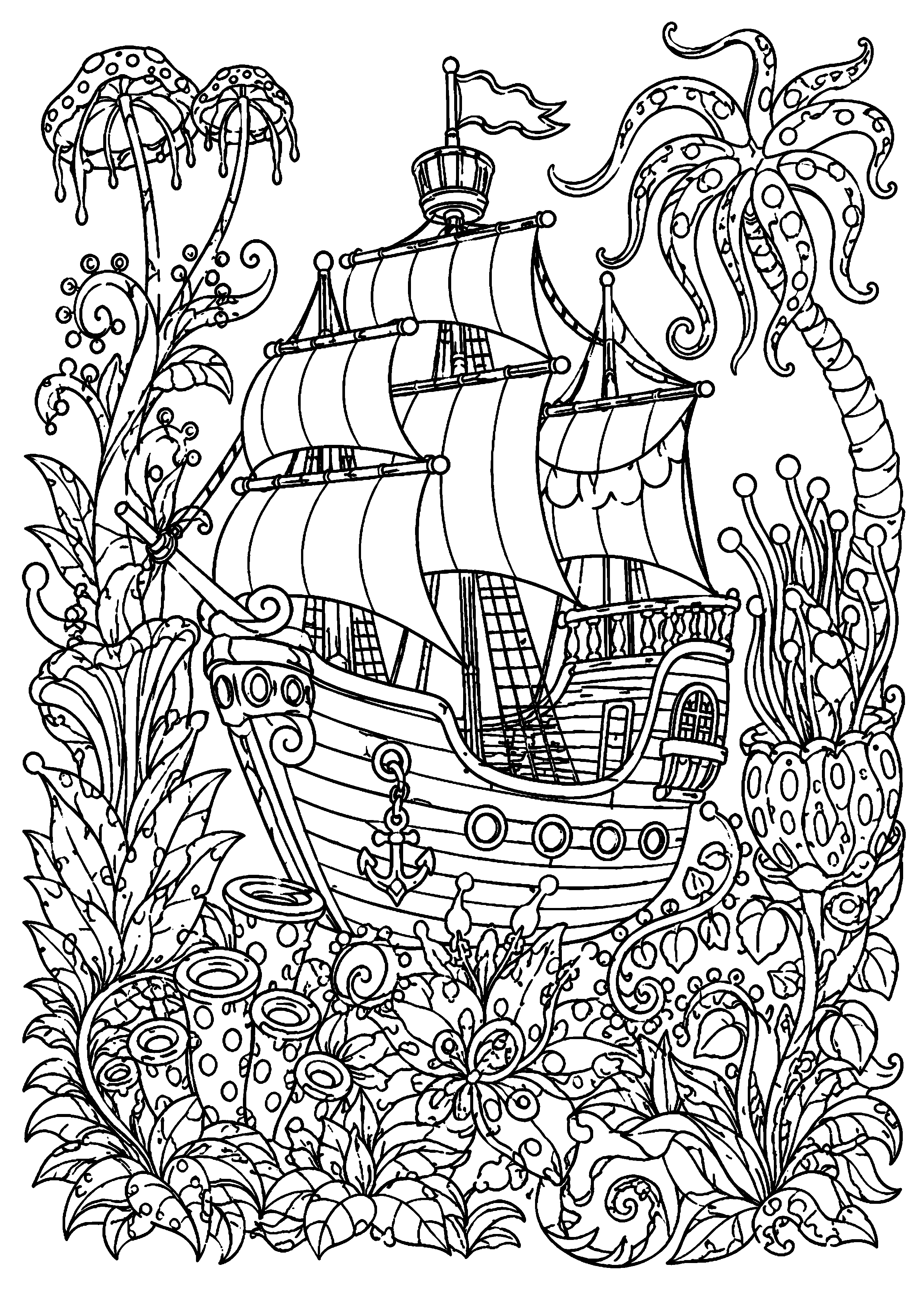 Coloriage grand navire pirate dans une végétation tropicale détaillée à imprimer gratuitement