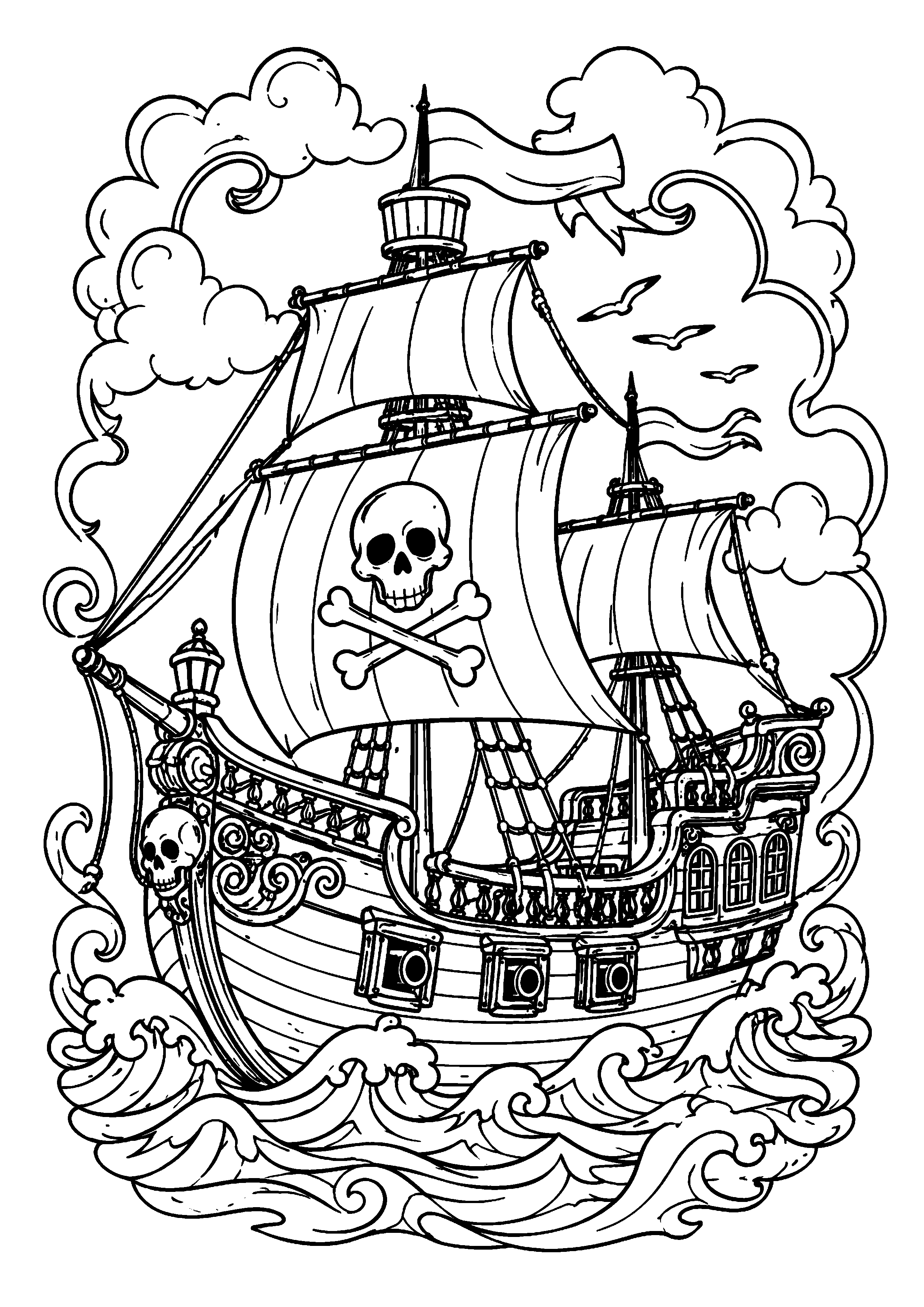 Coloriage bateau pirate dans de grandes vagues à imprimer gratuitement