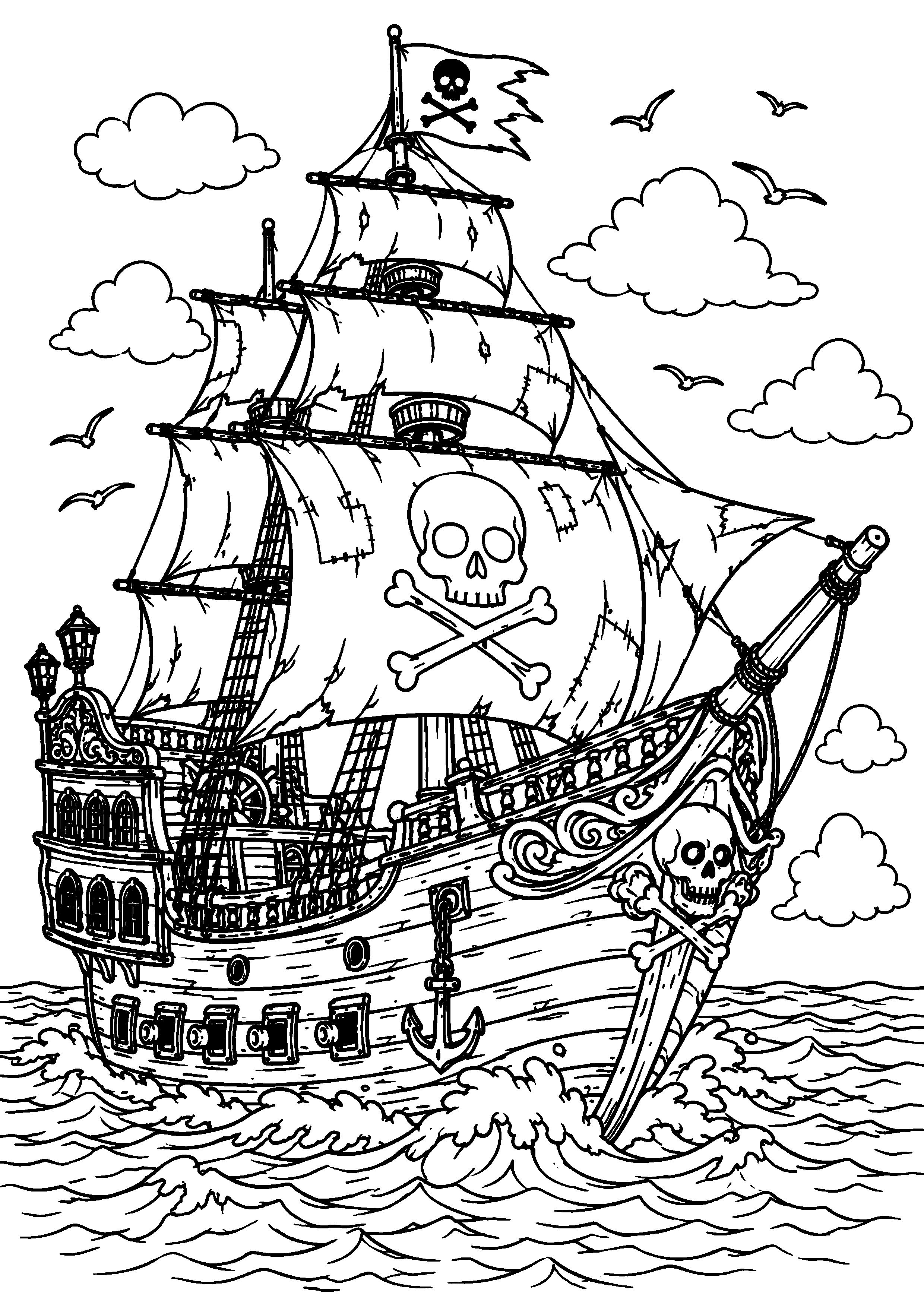 Coloriage grand galion pirate en pleine mer à imprimer gratuitement