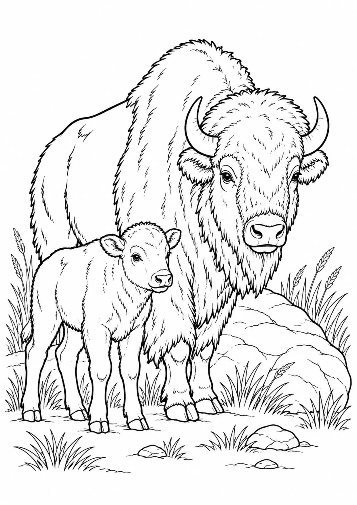 Coloriage bison : adulte et petit près d’un rocher à imprimer