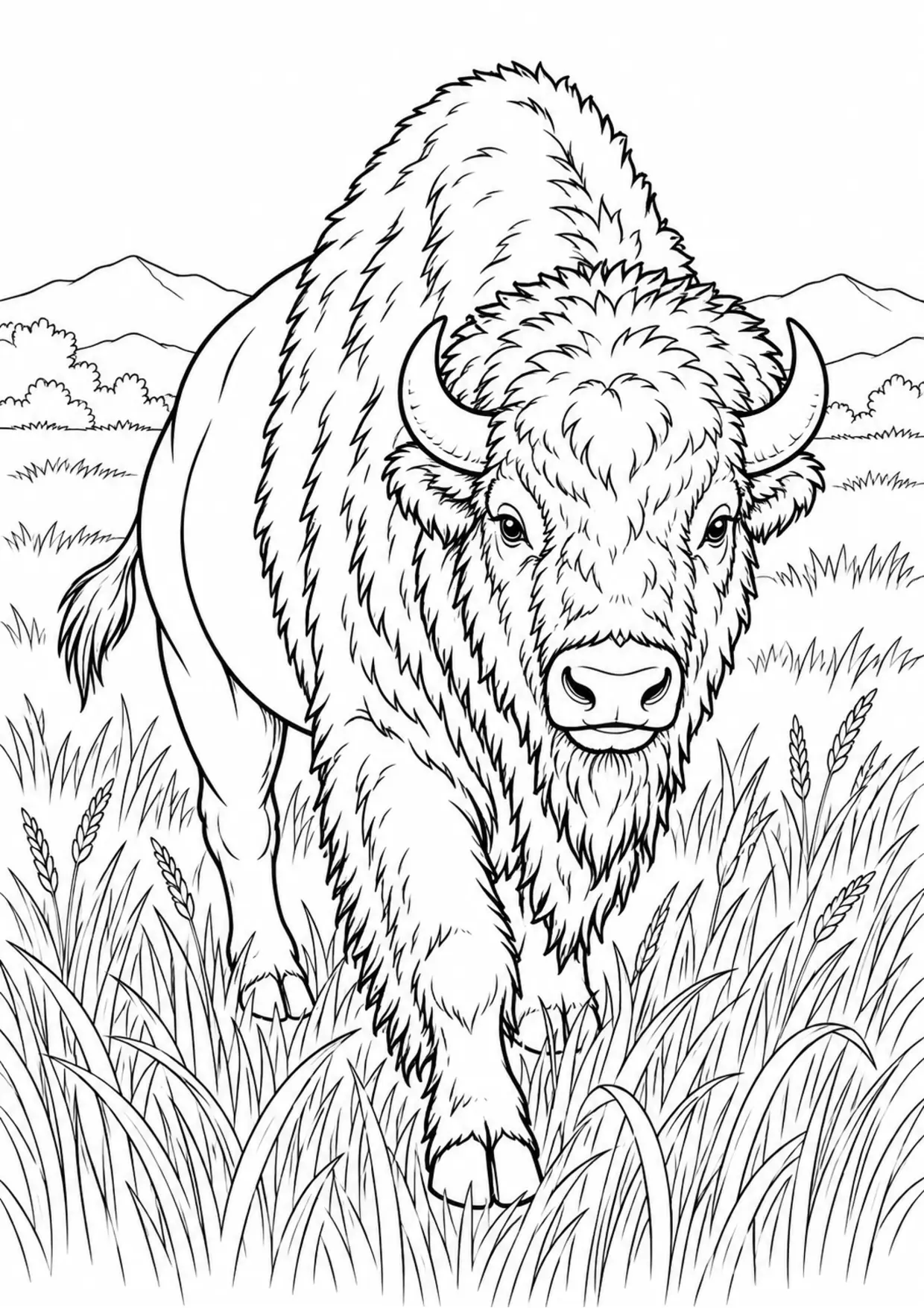 Coloriage bison : animal avançant dans les hautes herbes, contours noirs nets et zones fermées sur fond blanc
