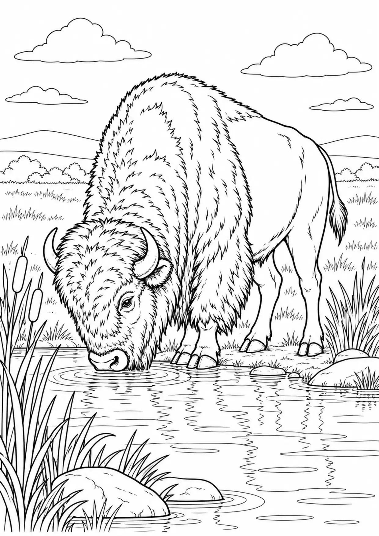 Coloriage bison : animal buvant au bord de l’eau, contours noirs nets et zones fermées sur fond blanc