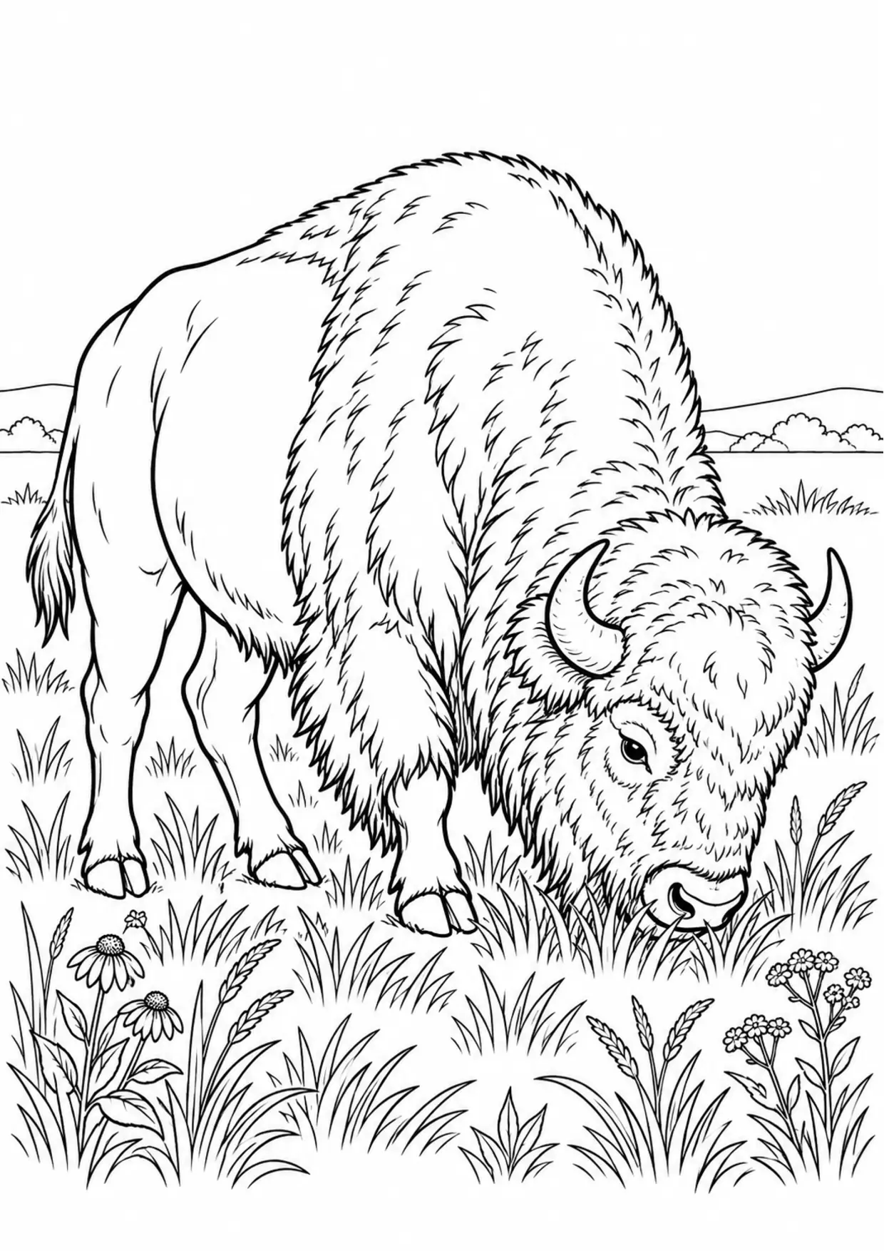 Coloriage bison : animal cherchant sa nourriture, contours noirs nets et zones fermées sur fond blanc