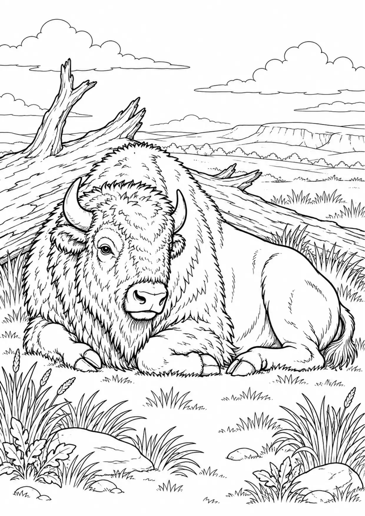 Coloriage bison : animal couché près d’un tronc, contours noirs nets et zones fermées sur fond blanc