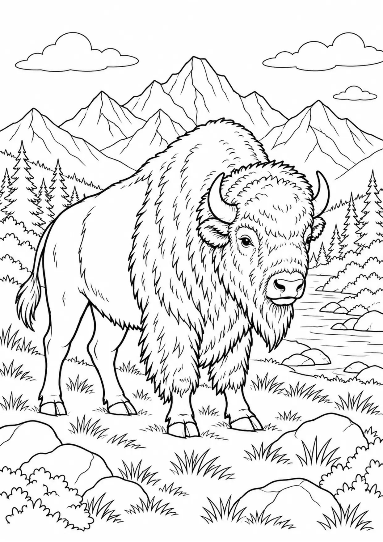 Coloriage bison : animal dans un décor de montagnes, contours noirs nets et zones fermées sur fond blanc