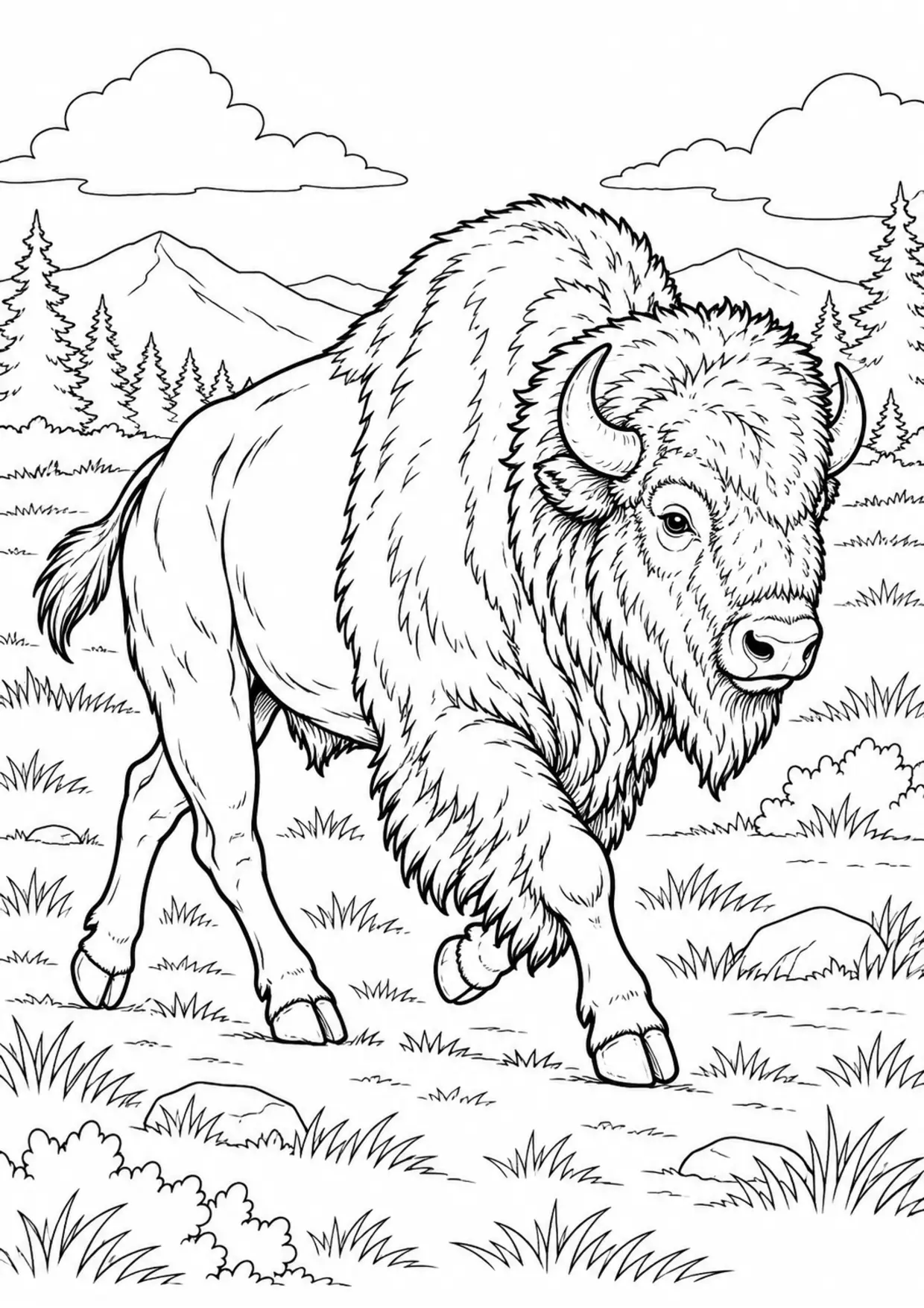 Coloriage bison : animal en mouvement dans une clairière, contours noirs nets et zones fermées sur fond blanc