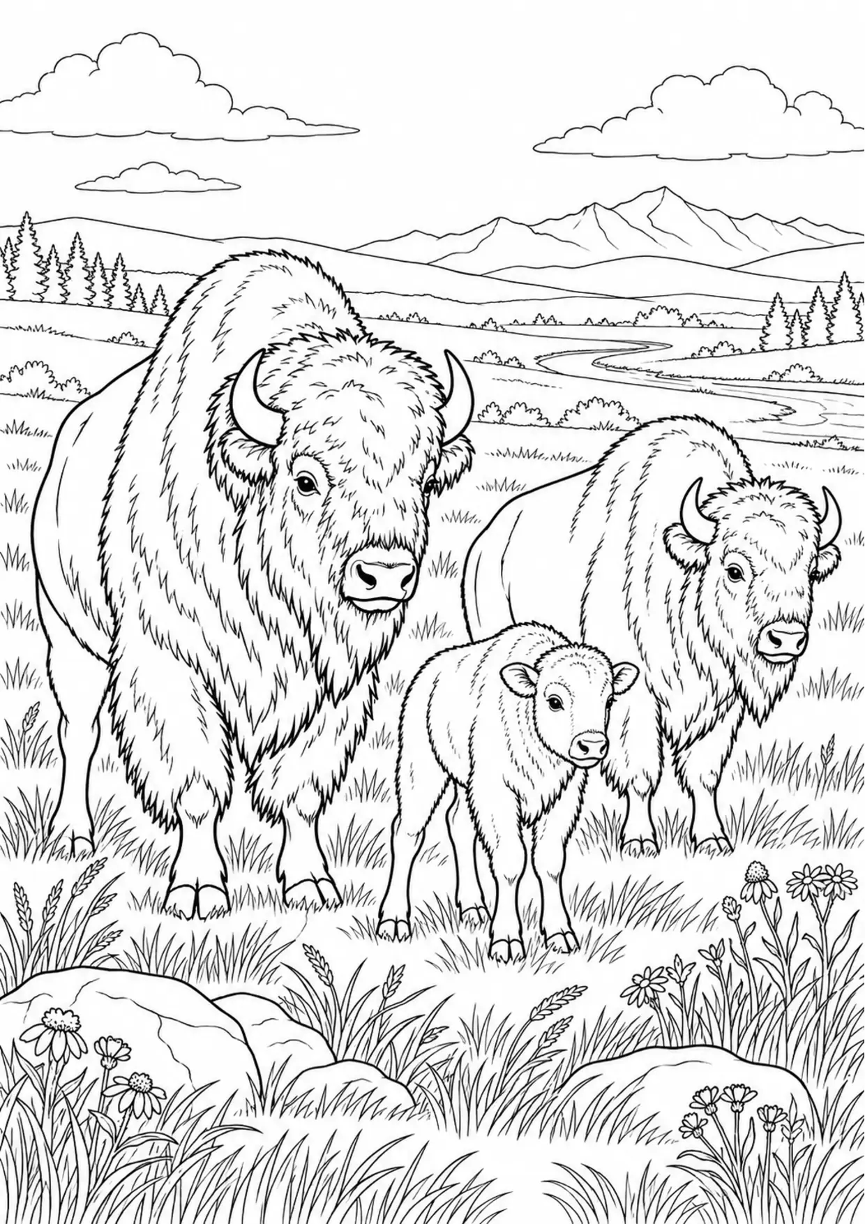 Coloriage bison : famille de trois dans un paysage naturel, contours noirs nets et zones fermées sur fond blanc