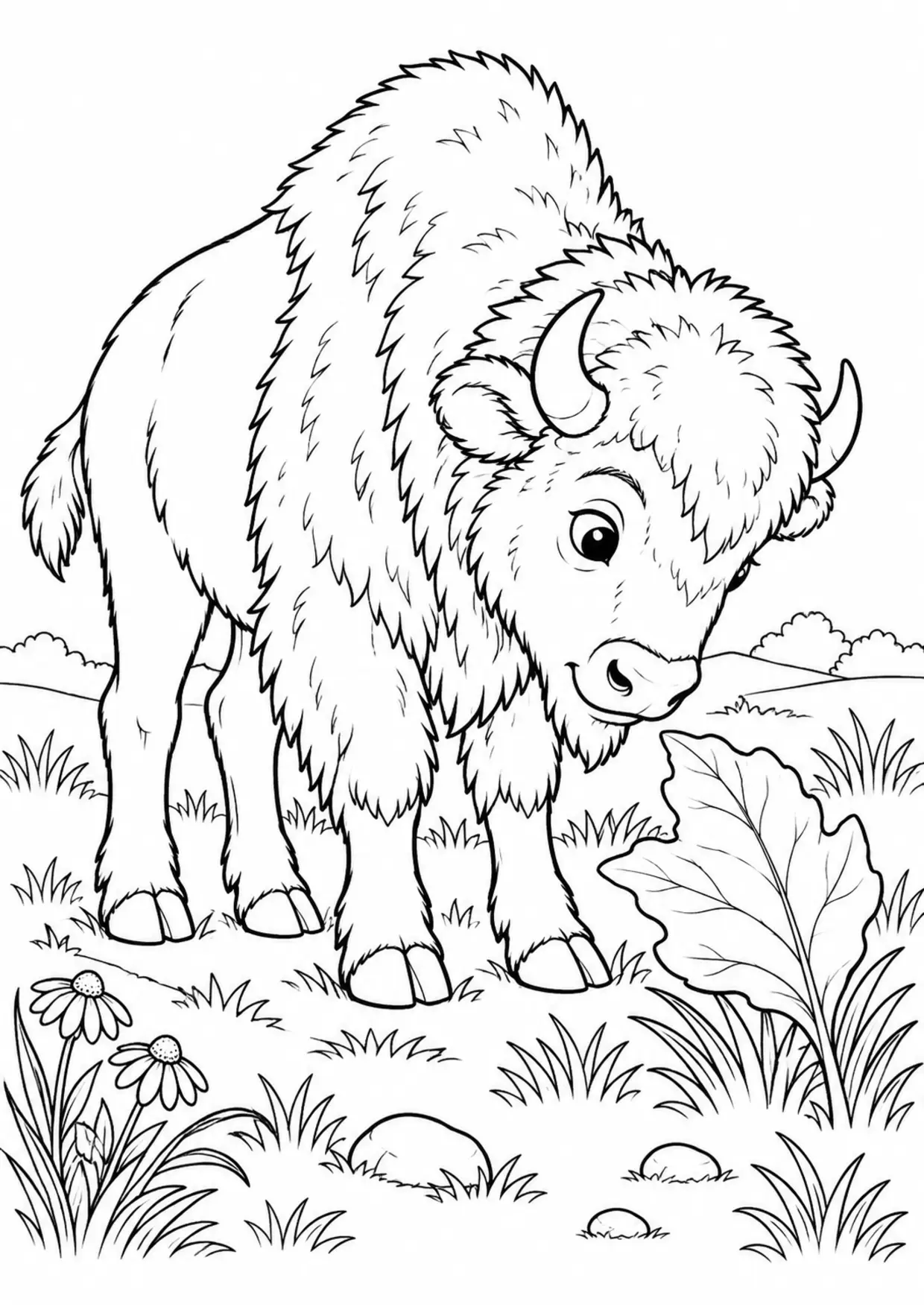 Coloriage bison : jeune animal curieux avec une grande feuille à imprimer