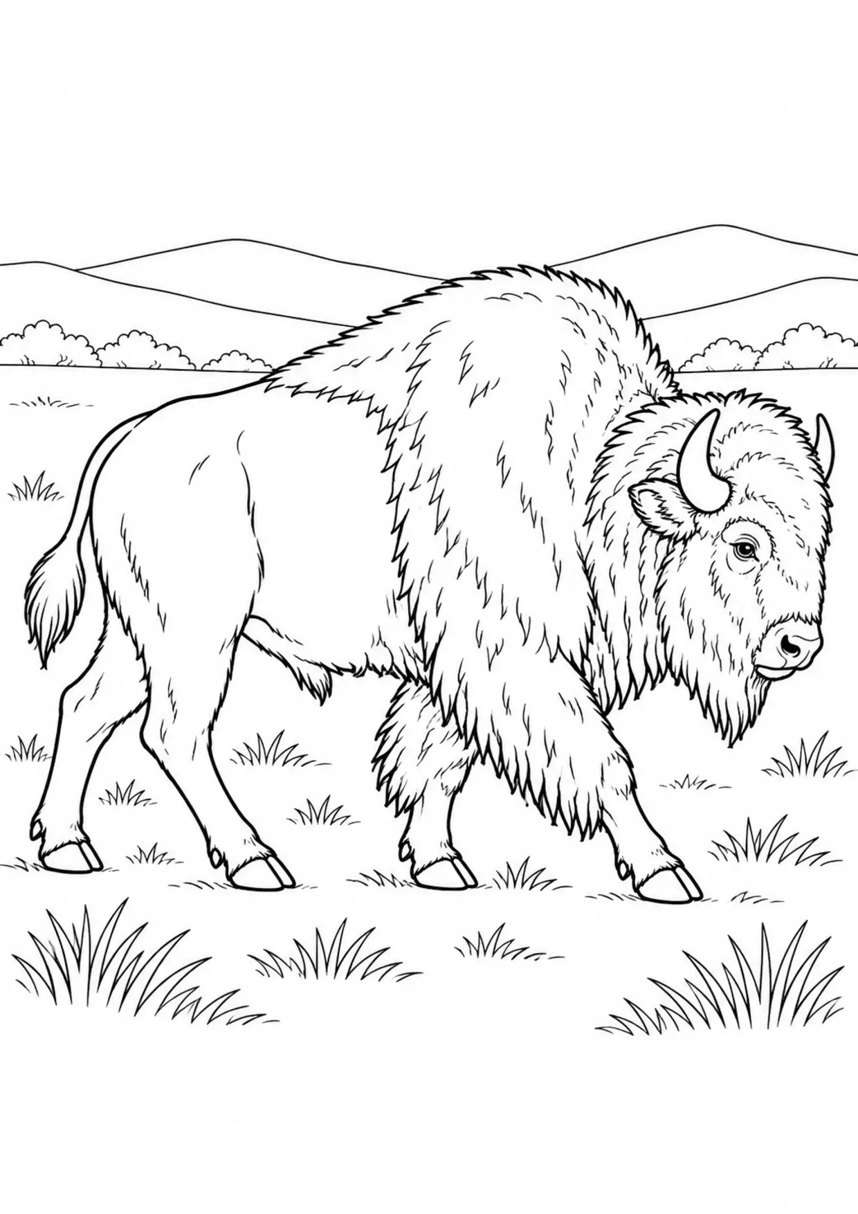 Coloriage bison : profil marchant dans son habitat à imprimer