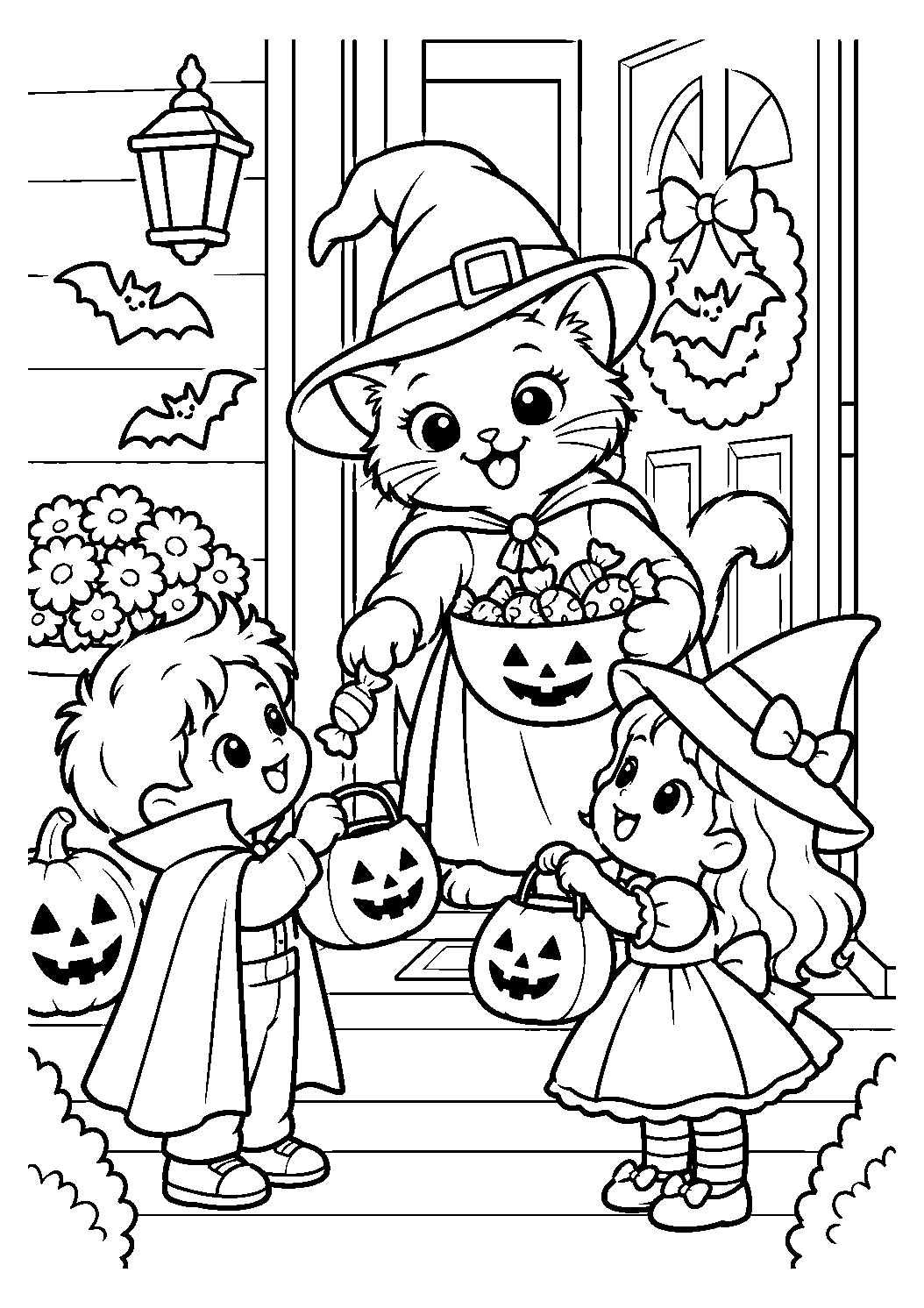 Sorcière chat offrant des bonbons à deux enfants costumés