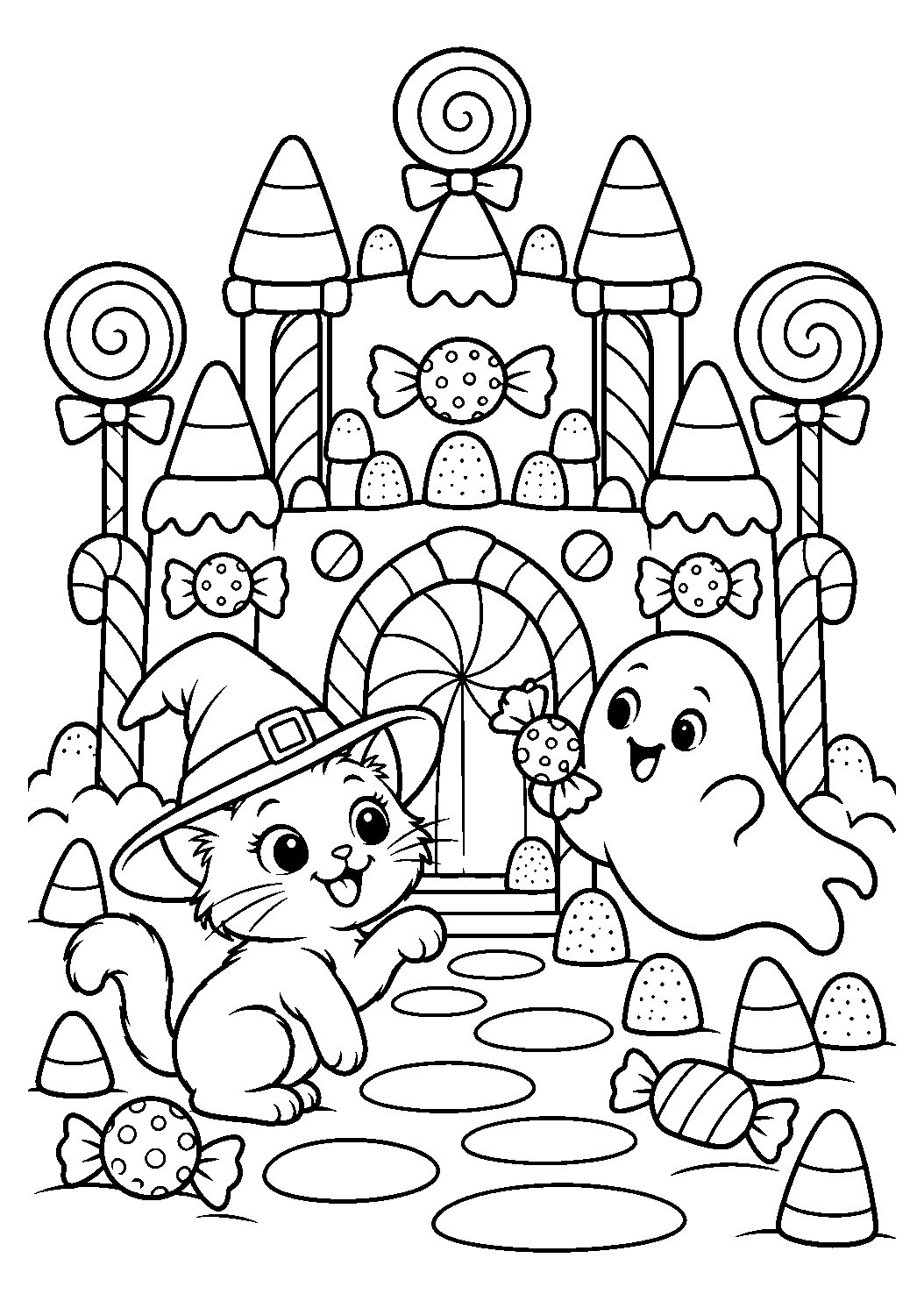 Château fait de sucettes et bonbons avec un fantôme et un chat