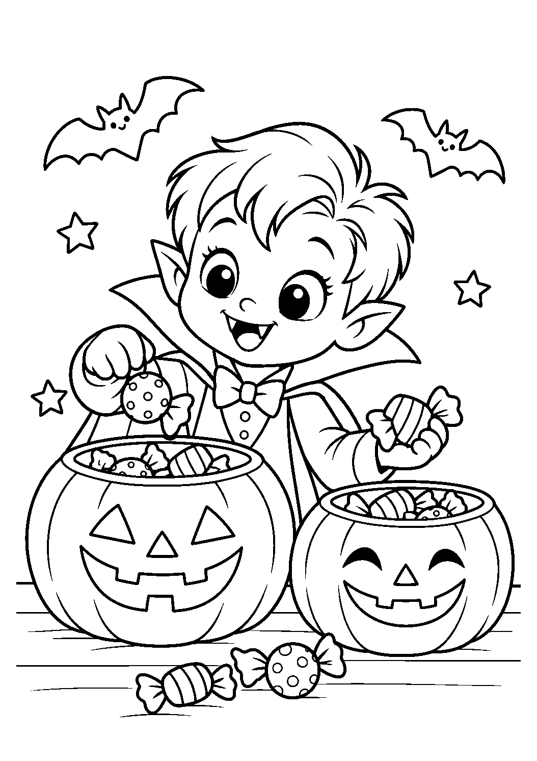 Petit vampire triant ses friandises dans deux seaux citrouilles