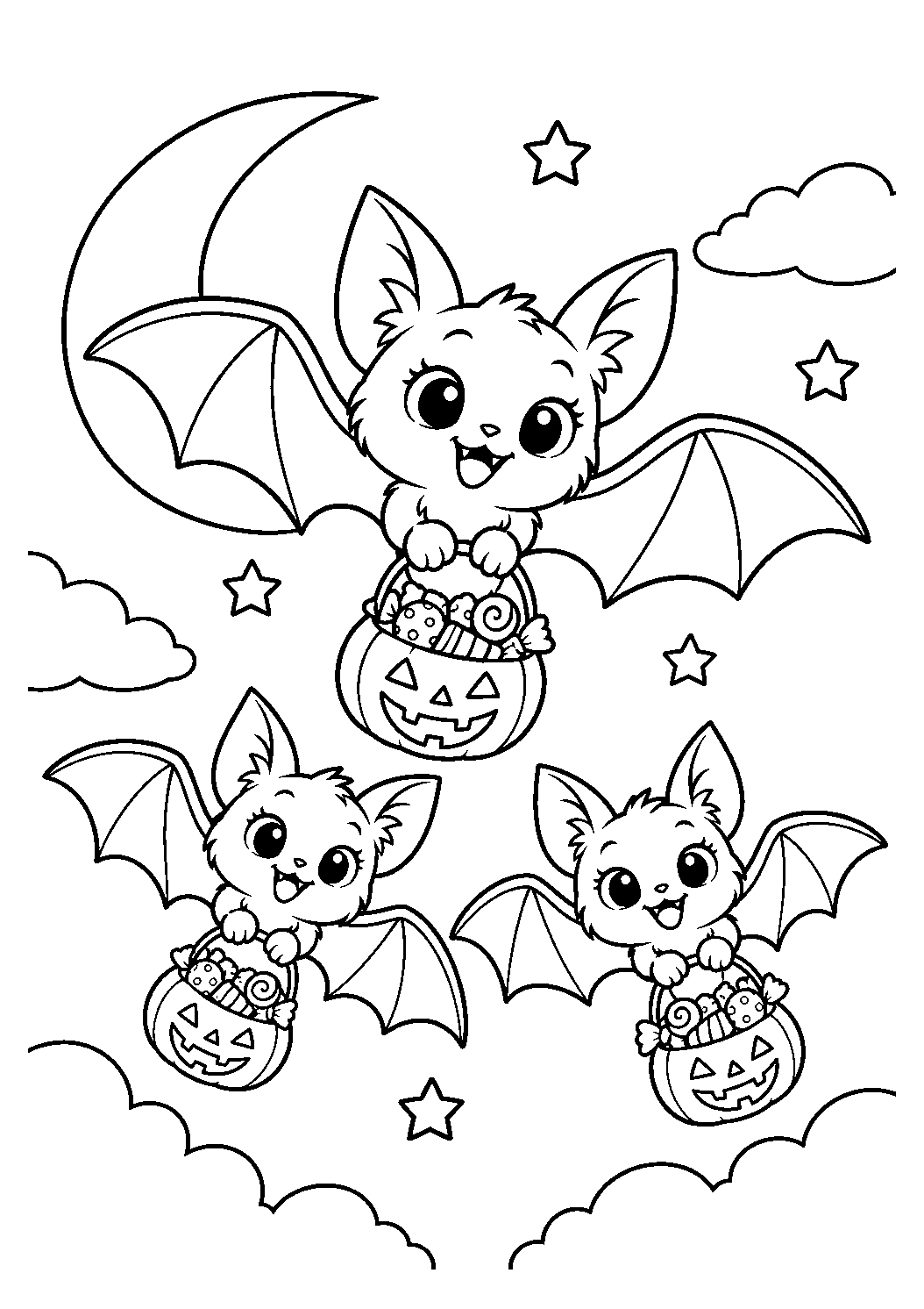 Trois petites chauves-souris volant avec des paniers de bonbons