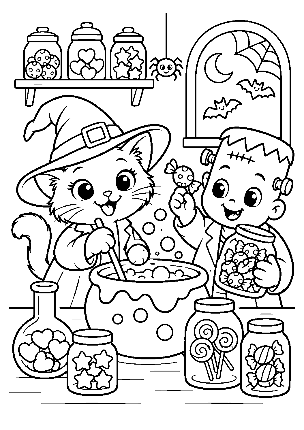 Chat sorcier et petit monstre fabriquant des bonbons dans un chaudron
