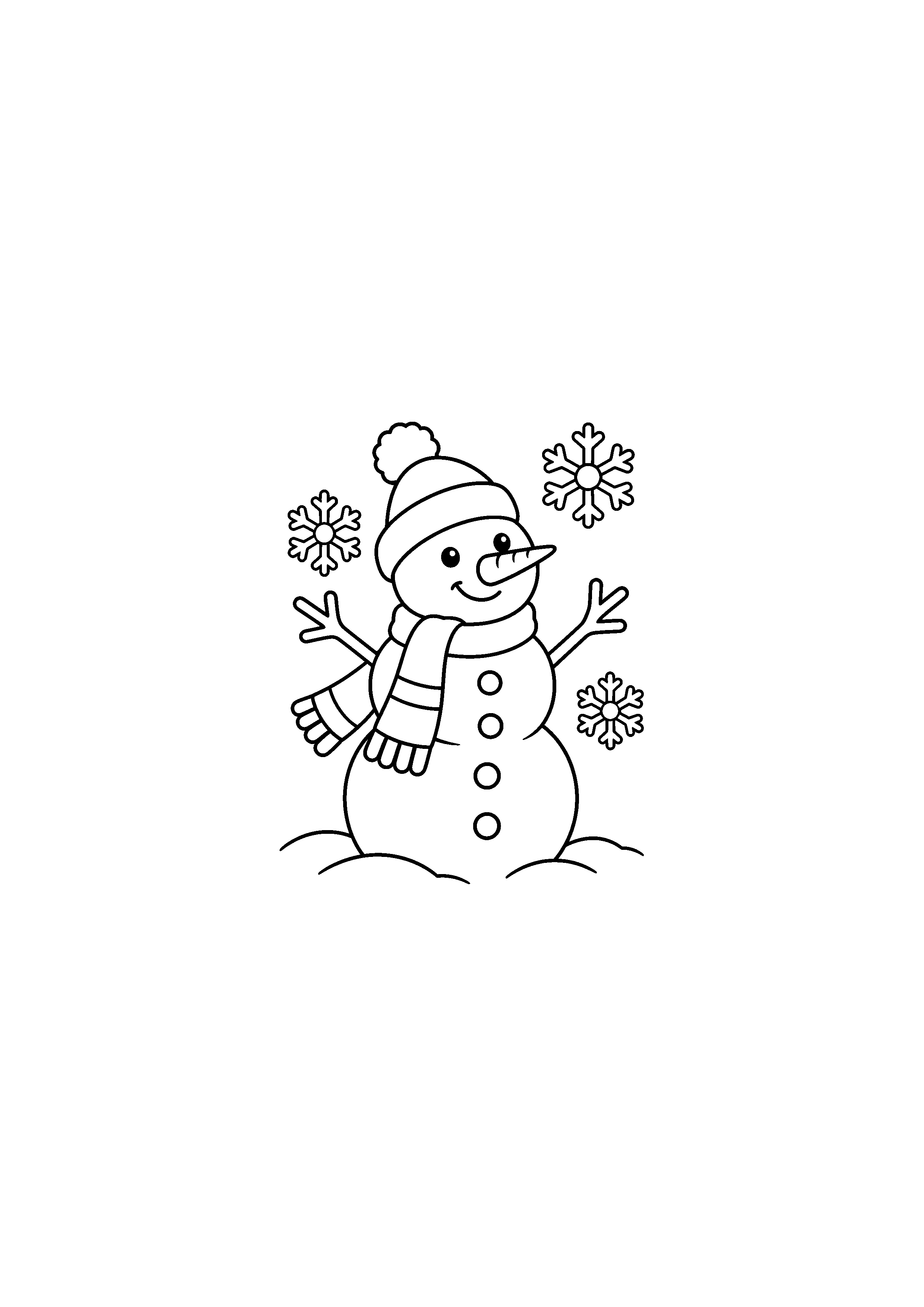 Coloriage Bonhomme souriant seul avec bonnet et flocons de Noël à imprimer gratuitement