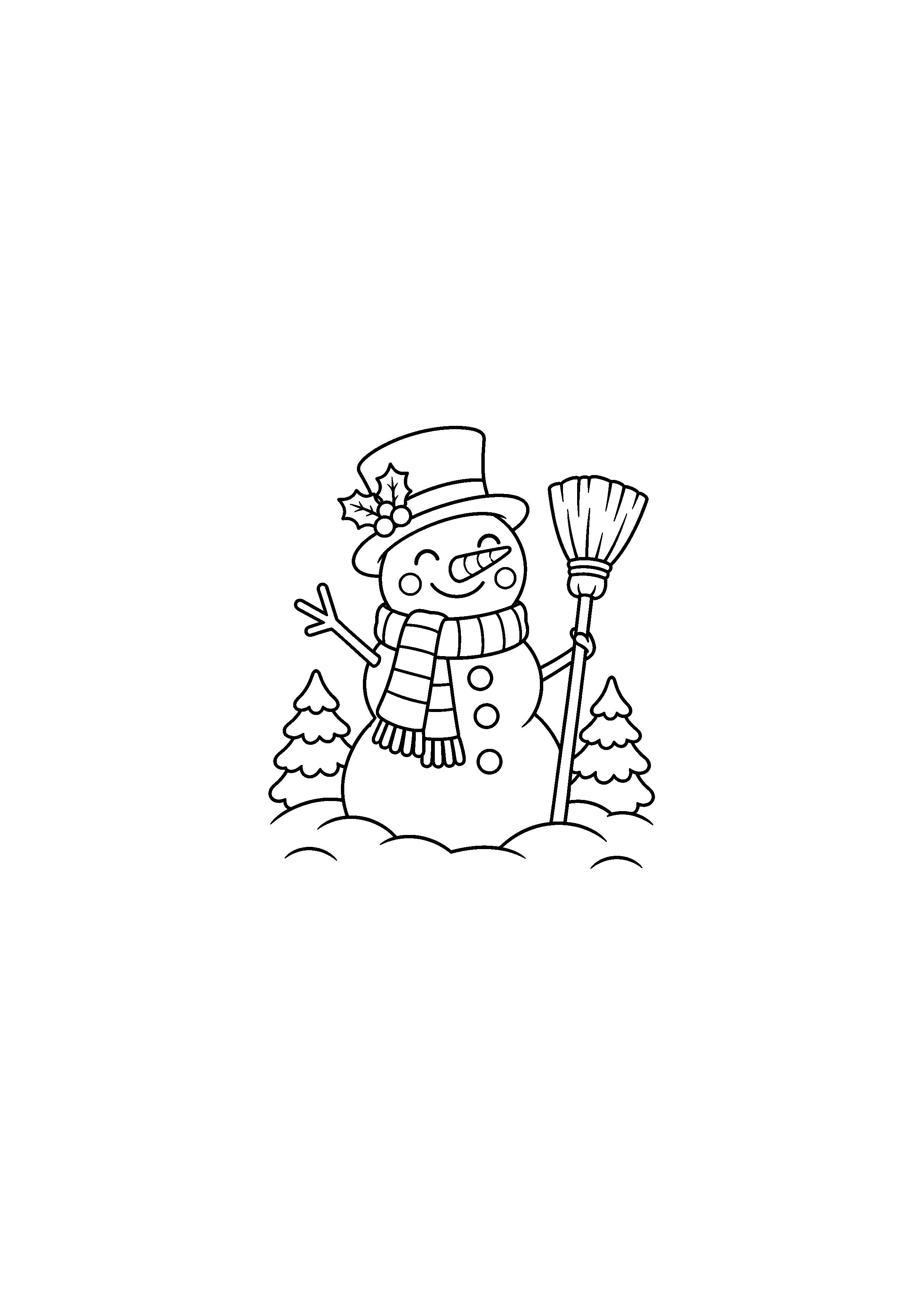 Coloriage Bonhomme avec balai et sapins de Noël à imprimer gratuitement