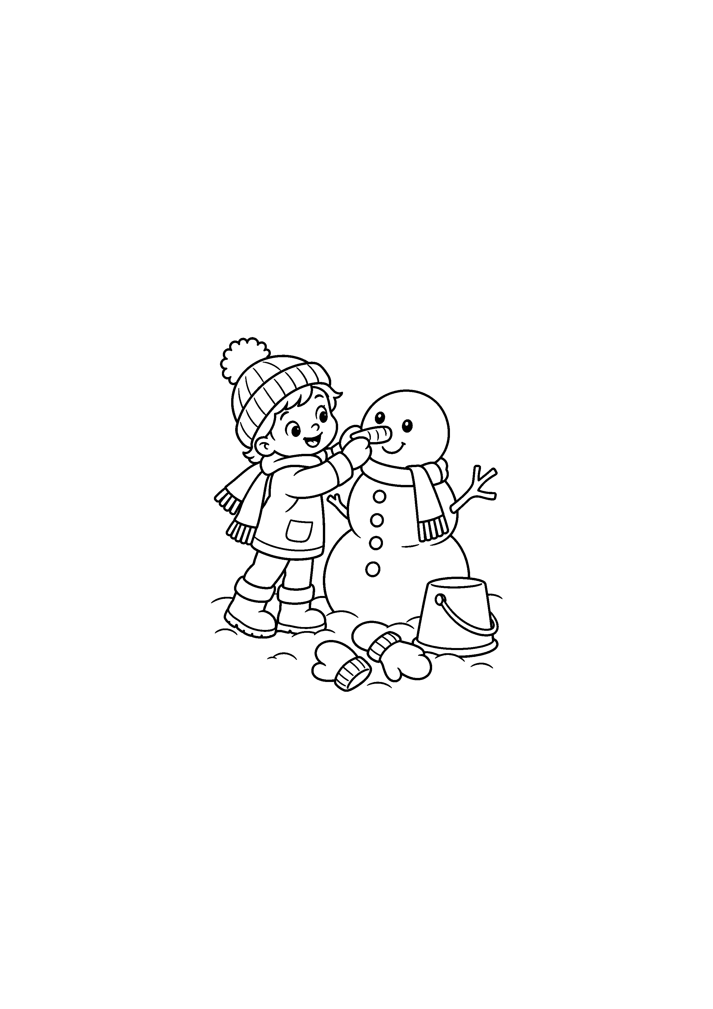 Coloriage Enfant posant le nez du bonhomme de Noël à imprimer gratuitement