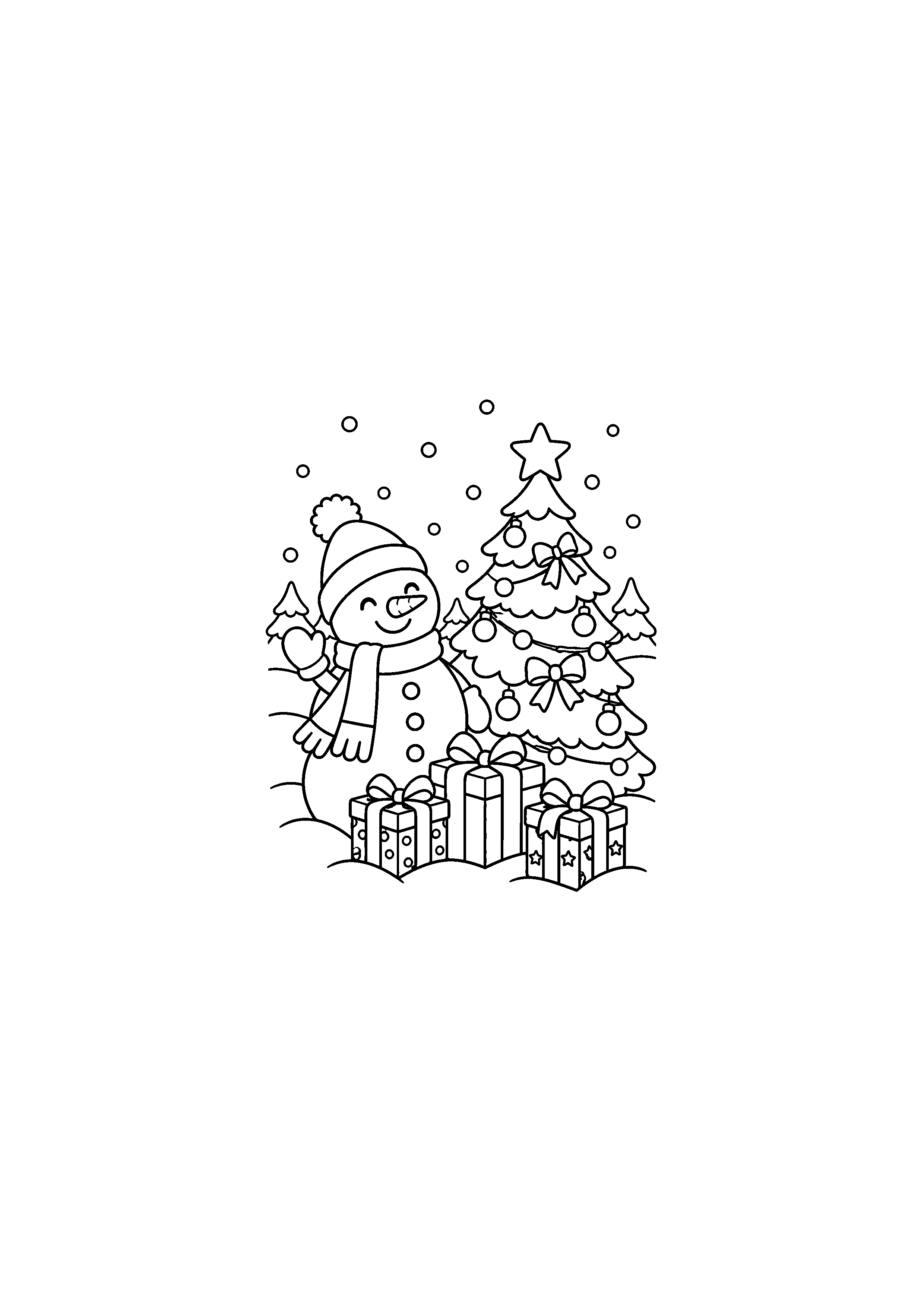Coloriage Bonhomme pres du sapin et des cadeaux de Noël à imprimer gratuitement