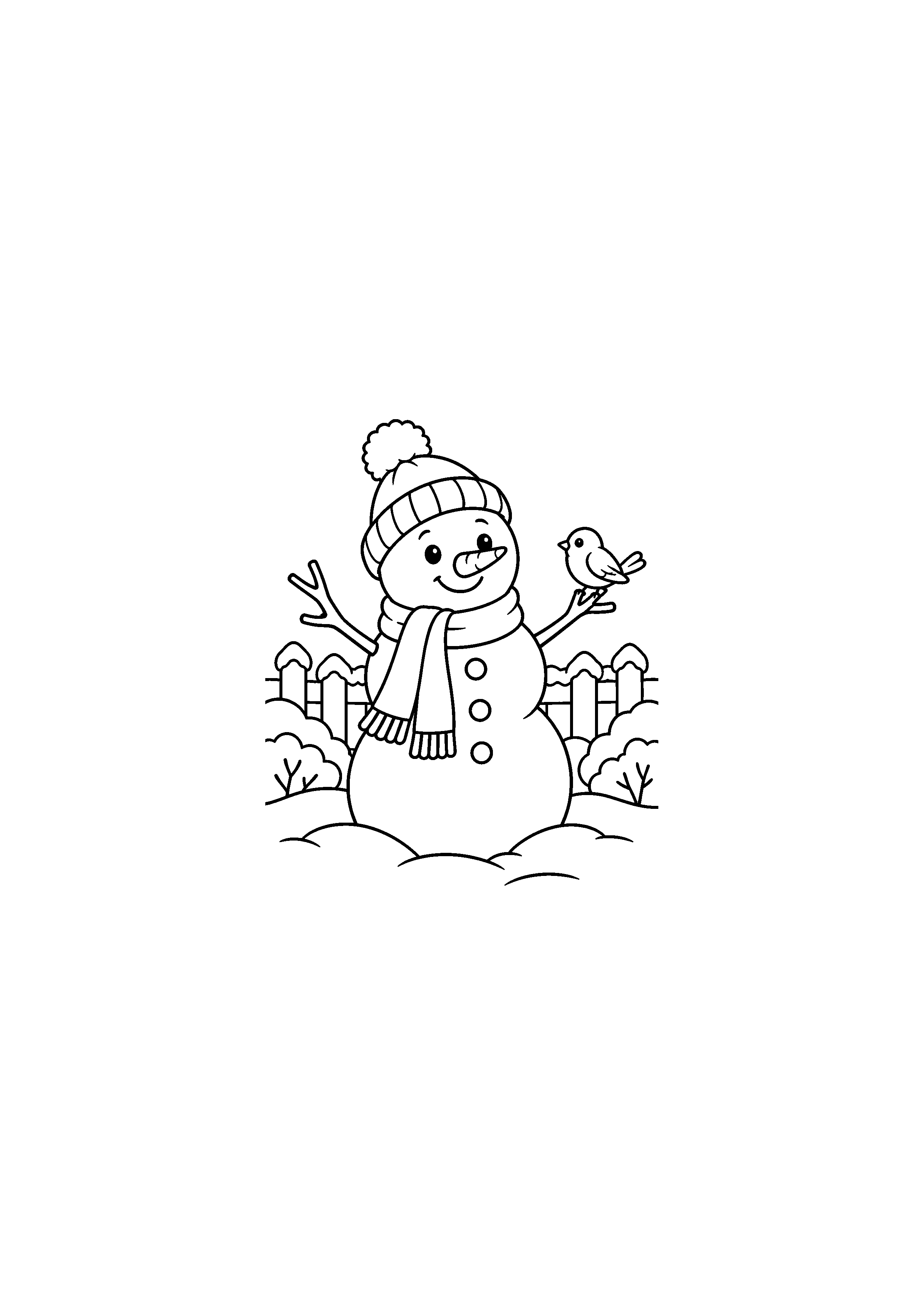 Coloriage Bonhomme dans le jardin avec un oiseau de Noël à imprimer gratuitement
