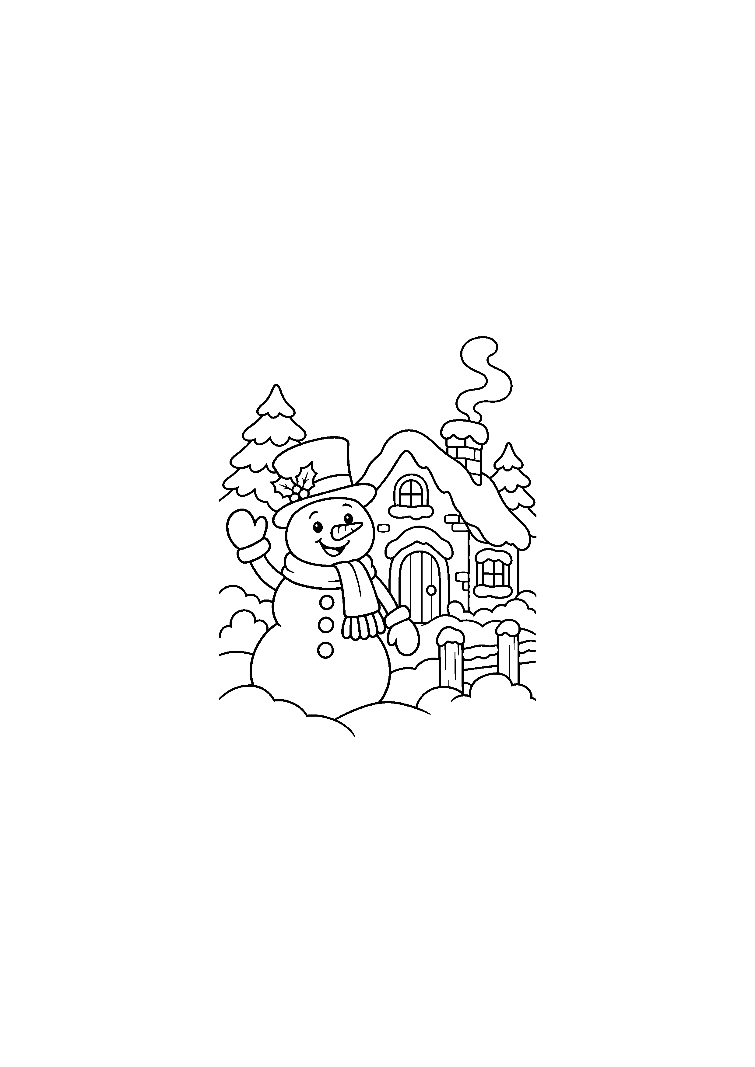 Coloriage Bonhomme devant une maison enneigee de Noël à imprimer gratuitement