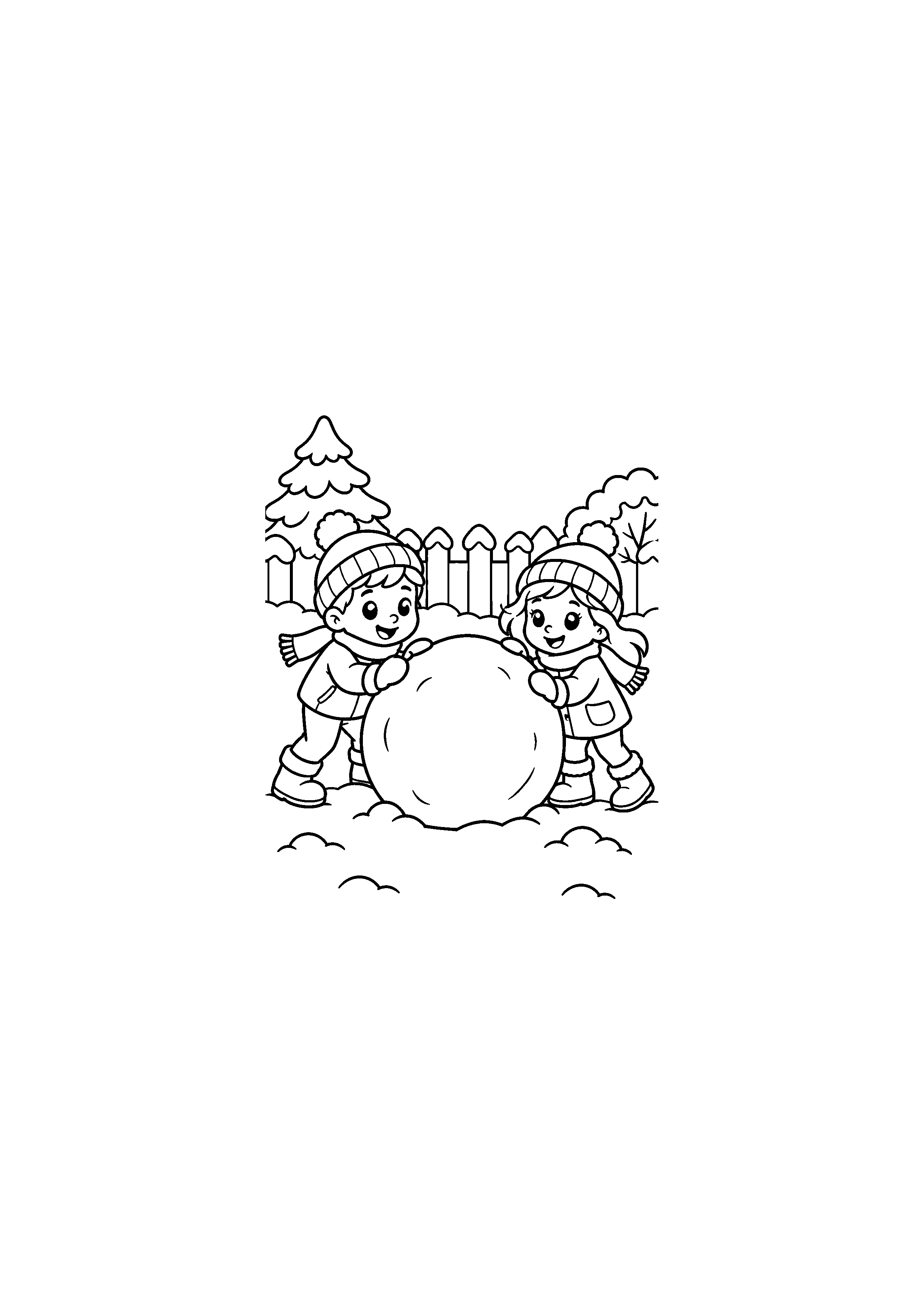 Coloriage Deux enfants roulant une boule de neige de Noël à imprimer gratuitement