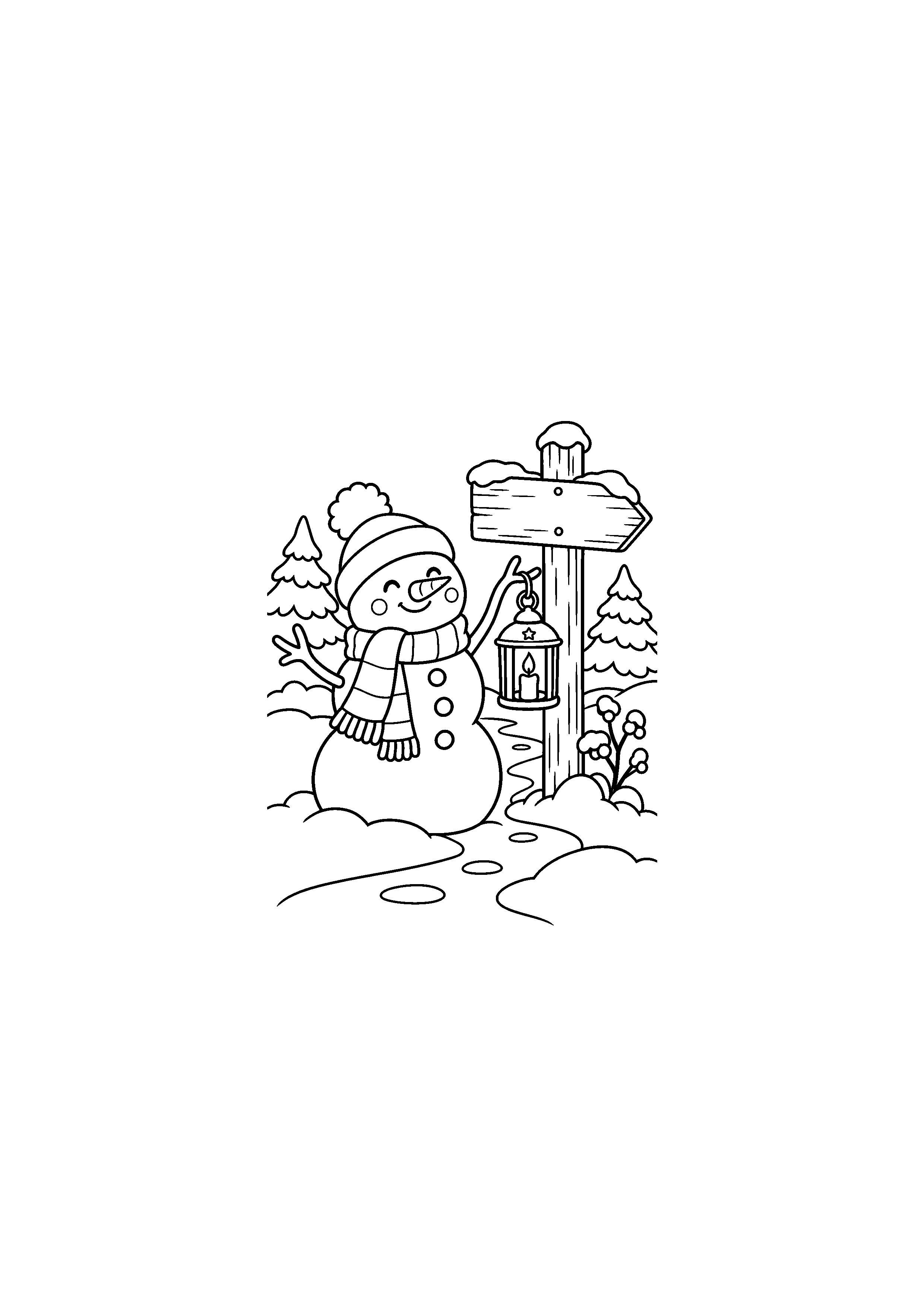 Coloriage Bonhomme pres d'un panneau et d'une lanterne de Noël à imprimer gratuitement
