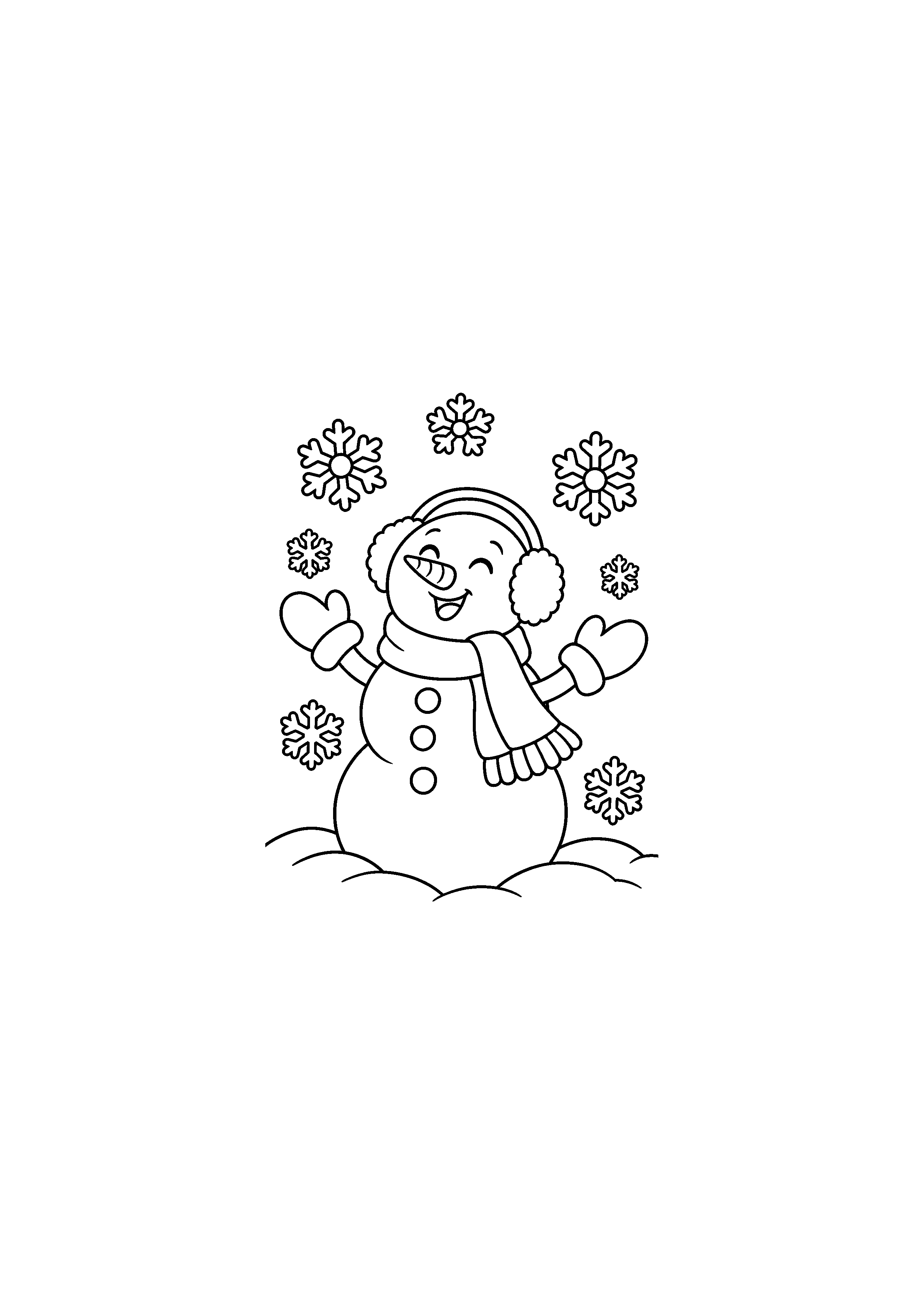 Coloriage Bonhomme avec cache-oreilles sous les flocons de Noël à imprimer gratuitement