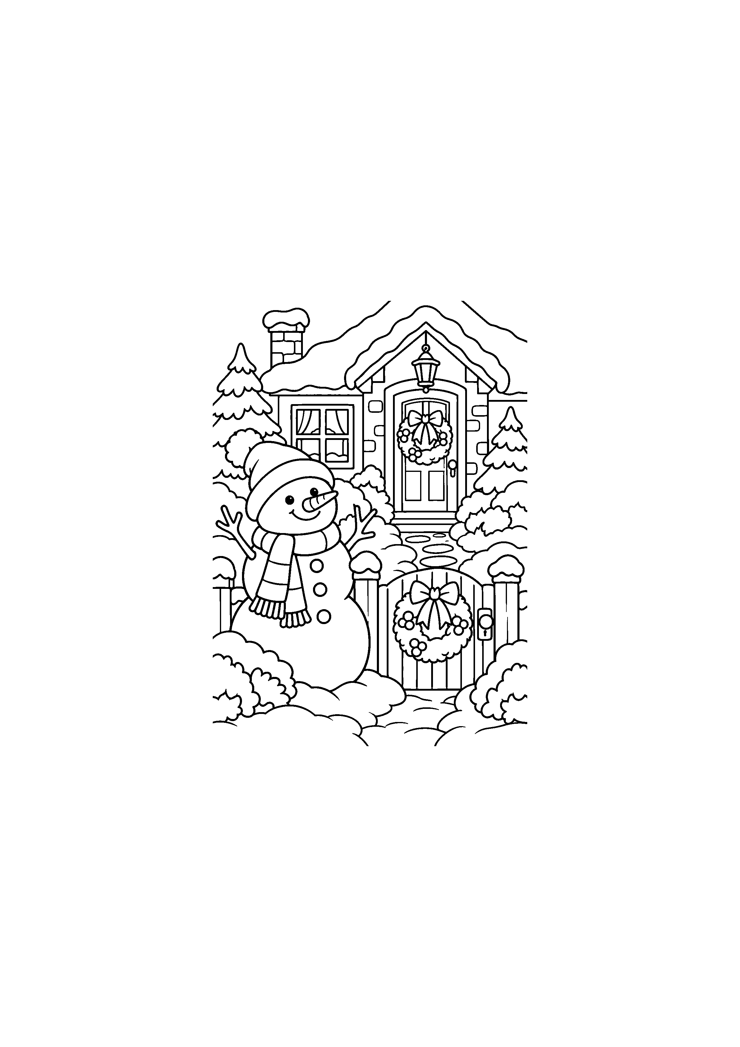 Coloriage Bonhomme devant une porte decoree de Noël à imprimer gratuitement