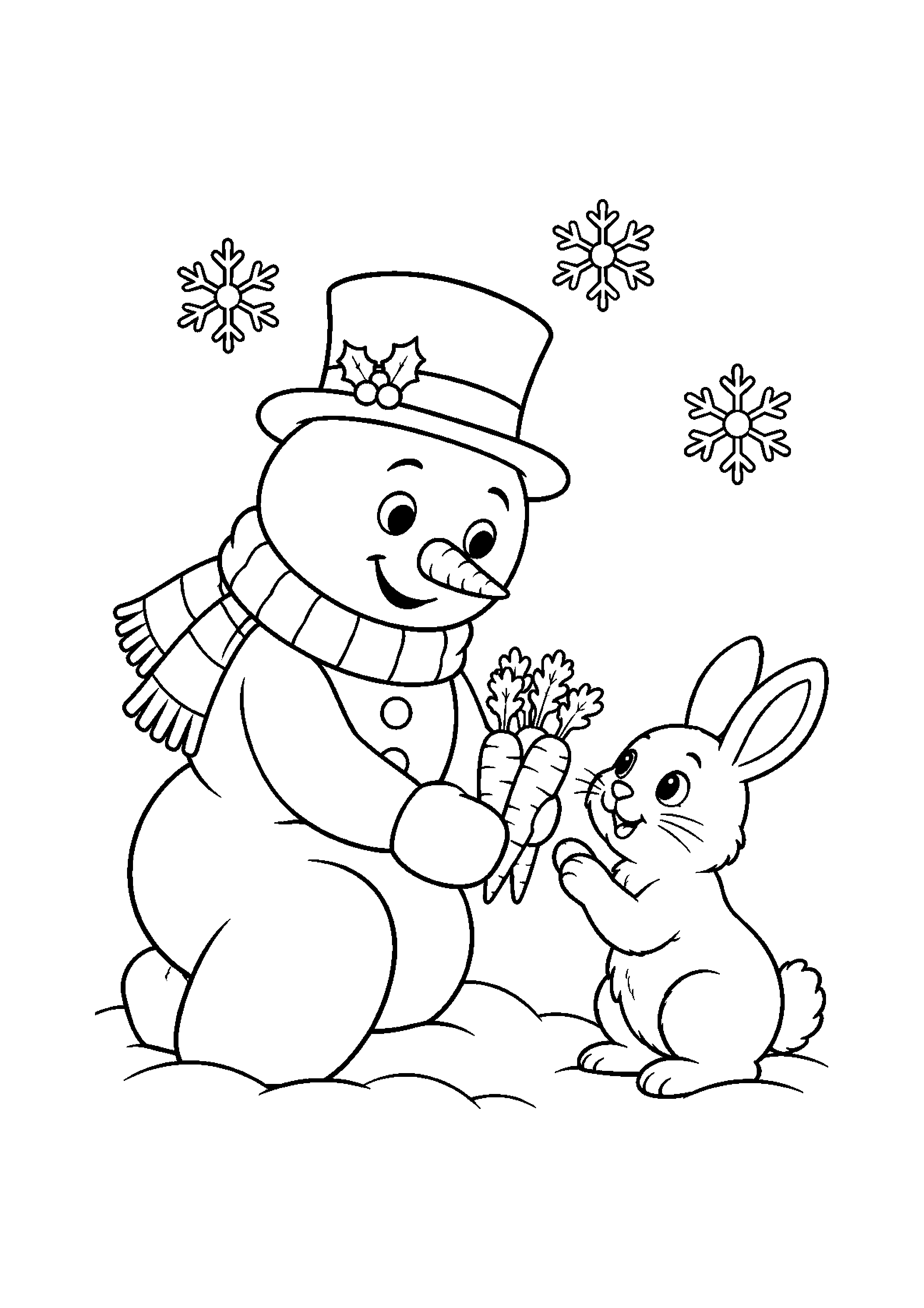 Coloriage Bonhomme partageant trois carottes avec un lapin de Noël à imprimer gratuitement