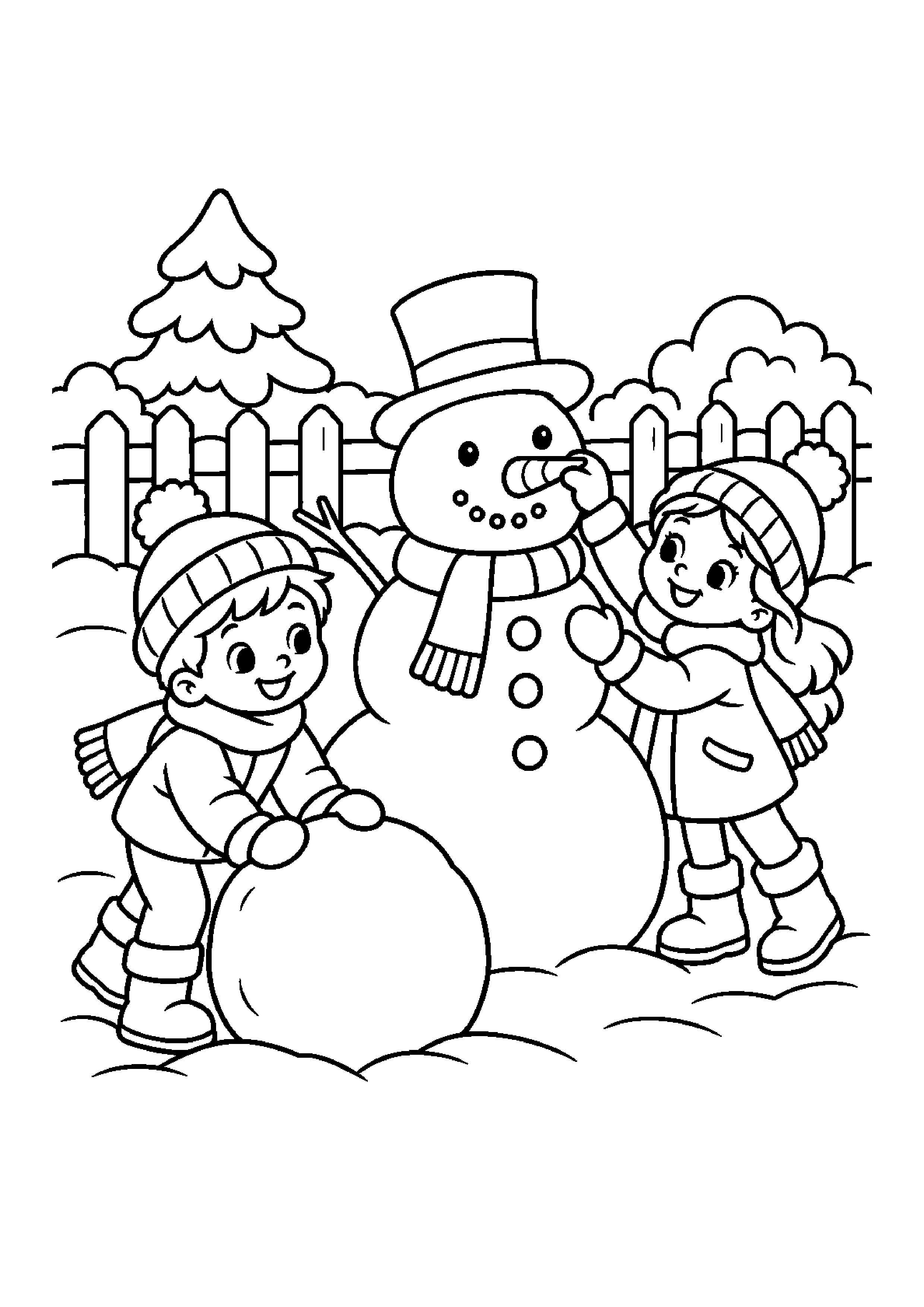 Coloriage bonhomme dans un jardin enneigé, composition 16 de Noël à imprimer gratuitement