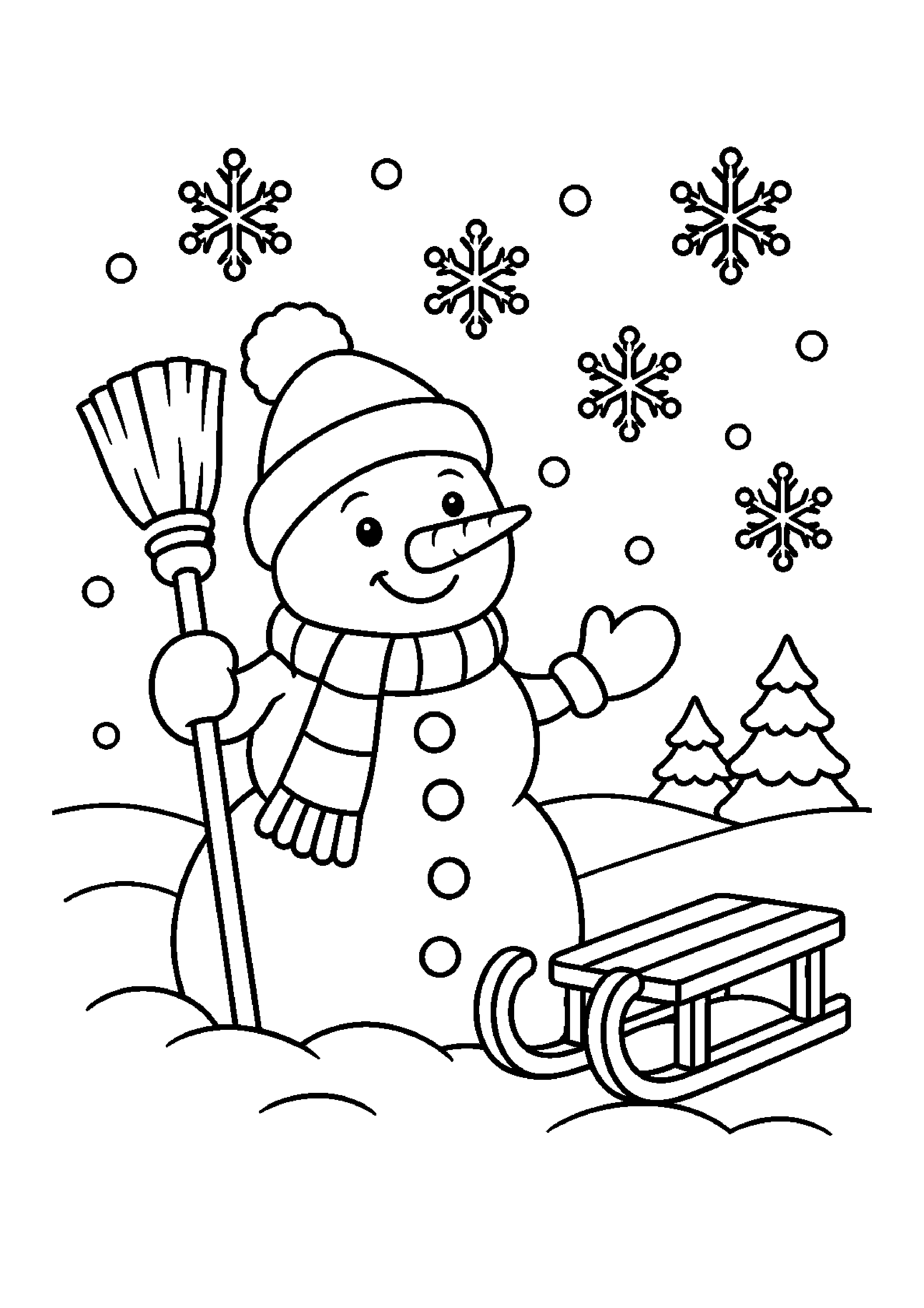 Coloriage bonhomme près d’une maison, composition 19 de Noël à imprimer gratuitement