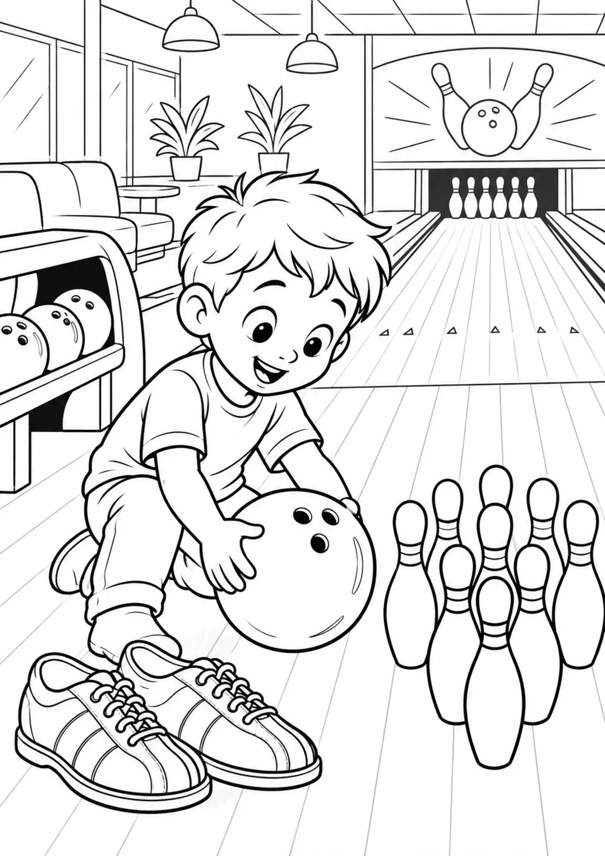 Coloriage bowling : enfant découvrant le matériel sportif à imprimer