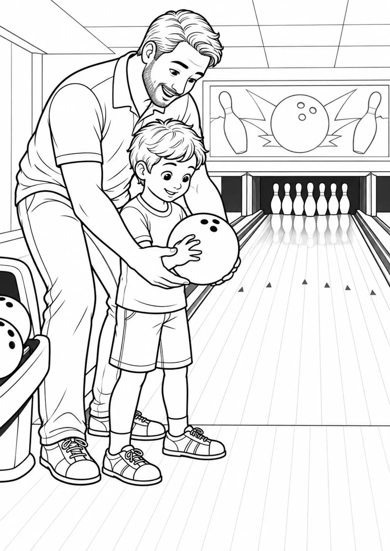 Coloriage bowling : enfant et adulte lors d’un entraînement à imprimer