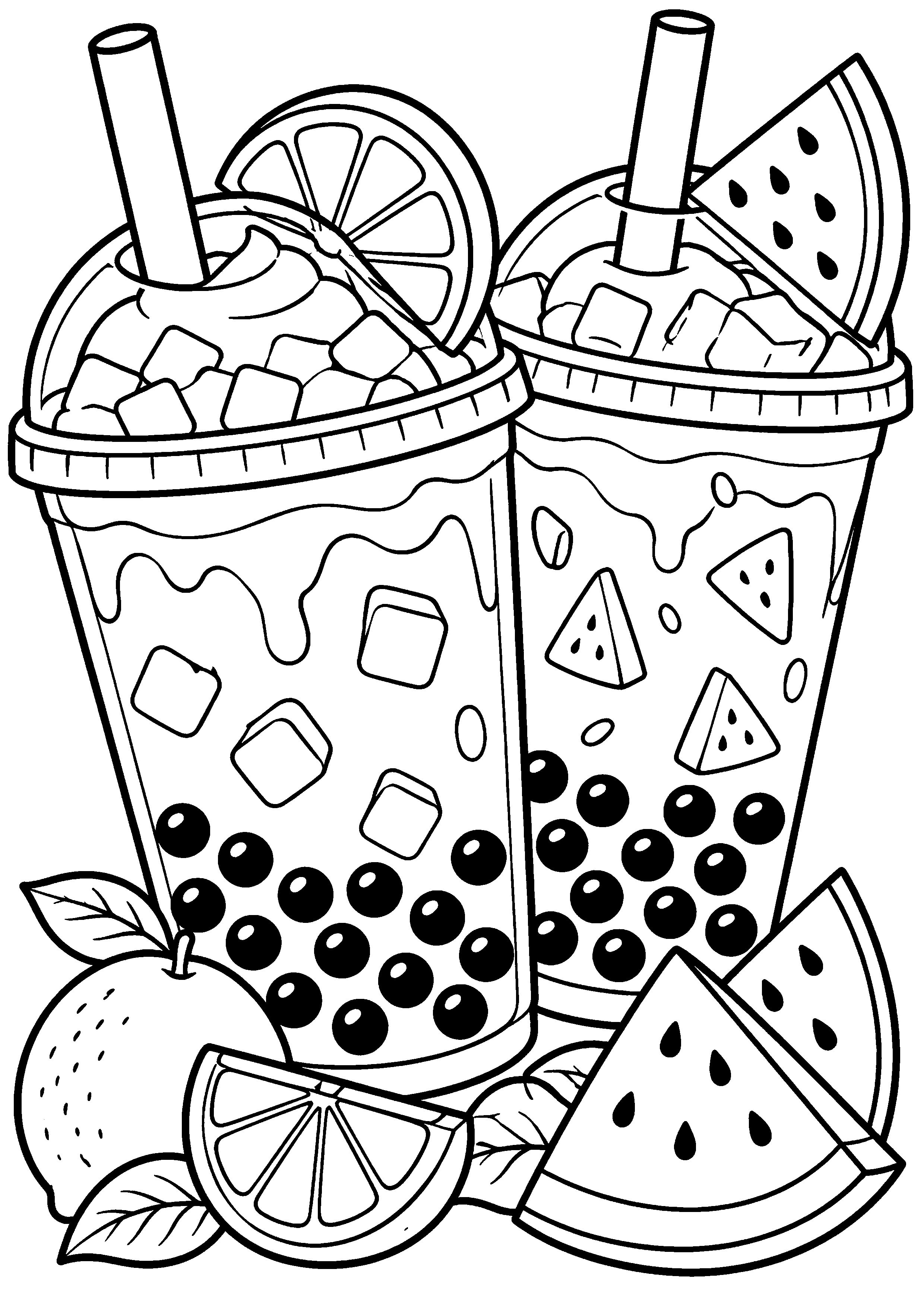 Coloriage bubble tea dans un verre frais vu de trois quarts à imprimer