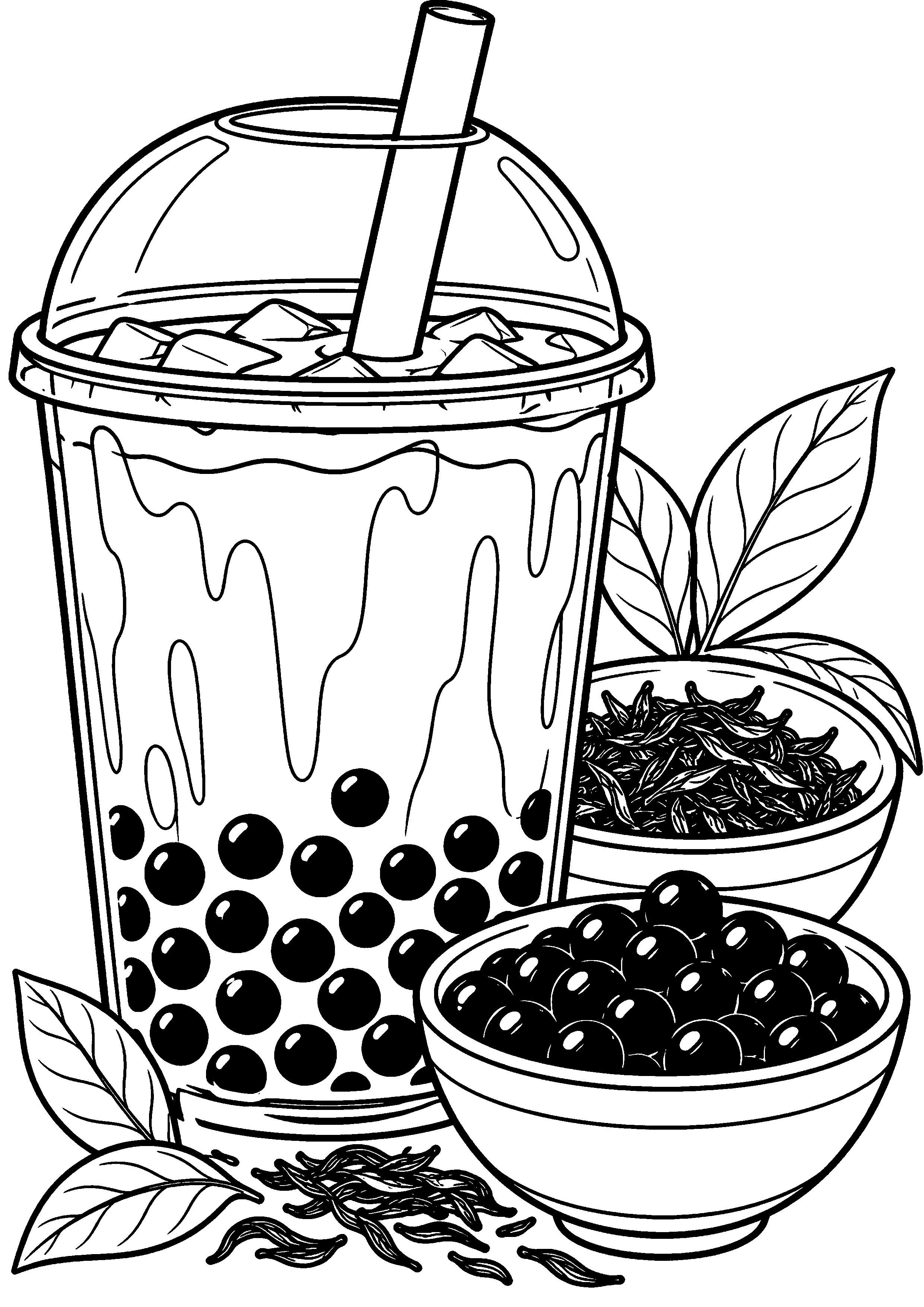 Coloriage bubble tea vu de dessus avec ses perles visibles à imprimer