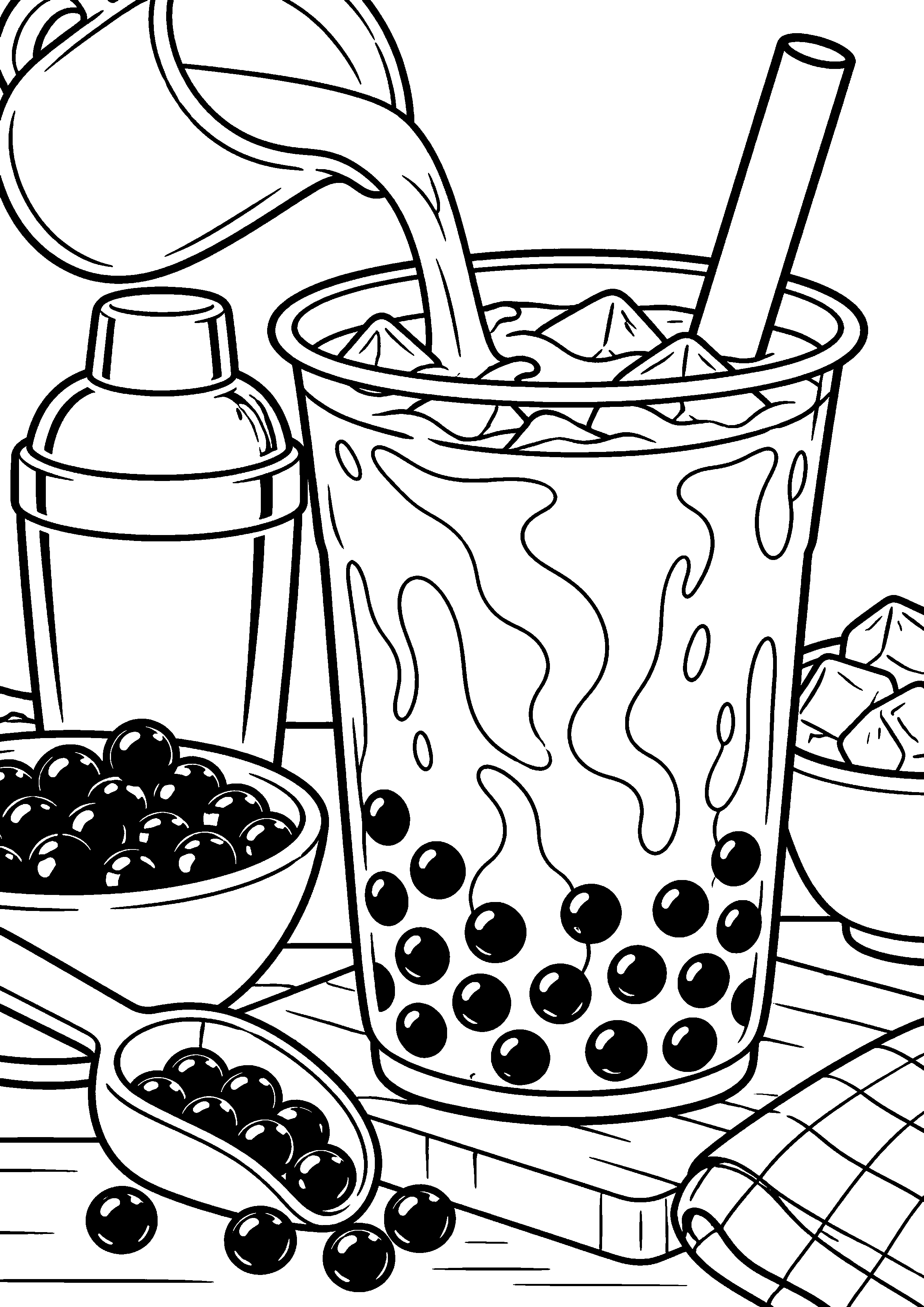 Grand coloriage d’un bubble tea avec une très grande paille, contours noirs nets sur fond blanc