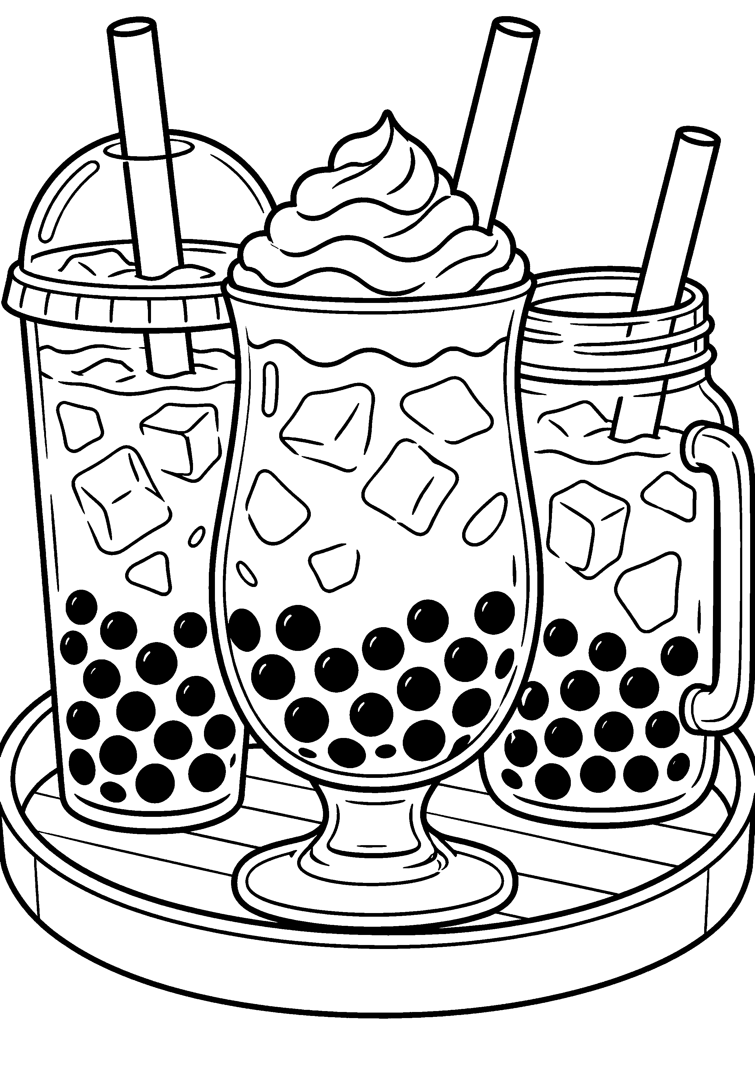 Grand coloriage de deux bubble tea aux recettes différentes, contours noirs nets sur fond blanc