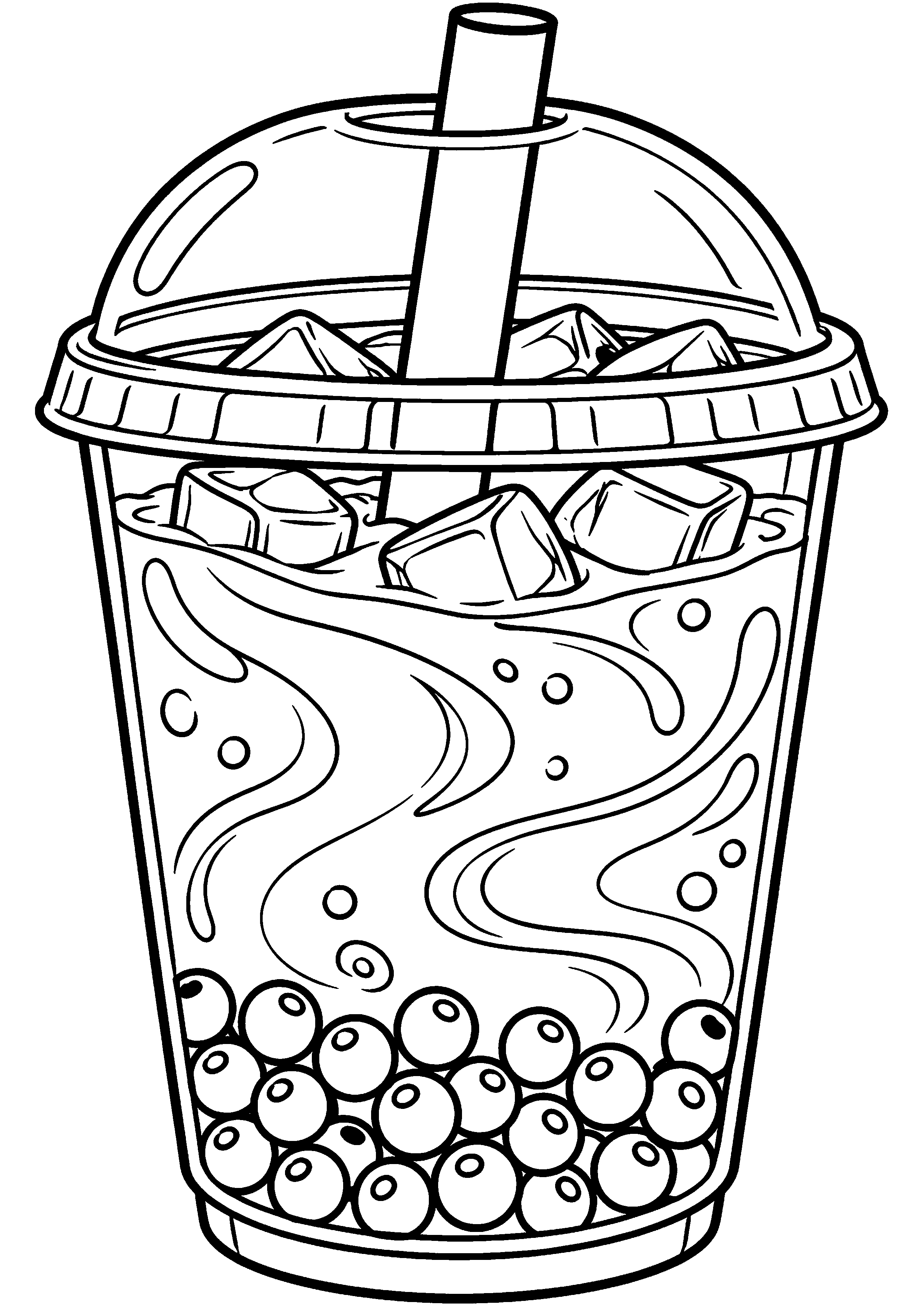 Grand coloriage d’un bubble tea avec trois grands verres alignés, contours noirs nets sur fond blanc