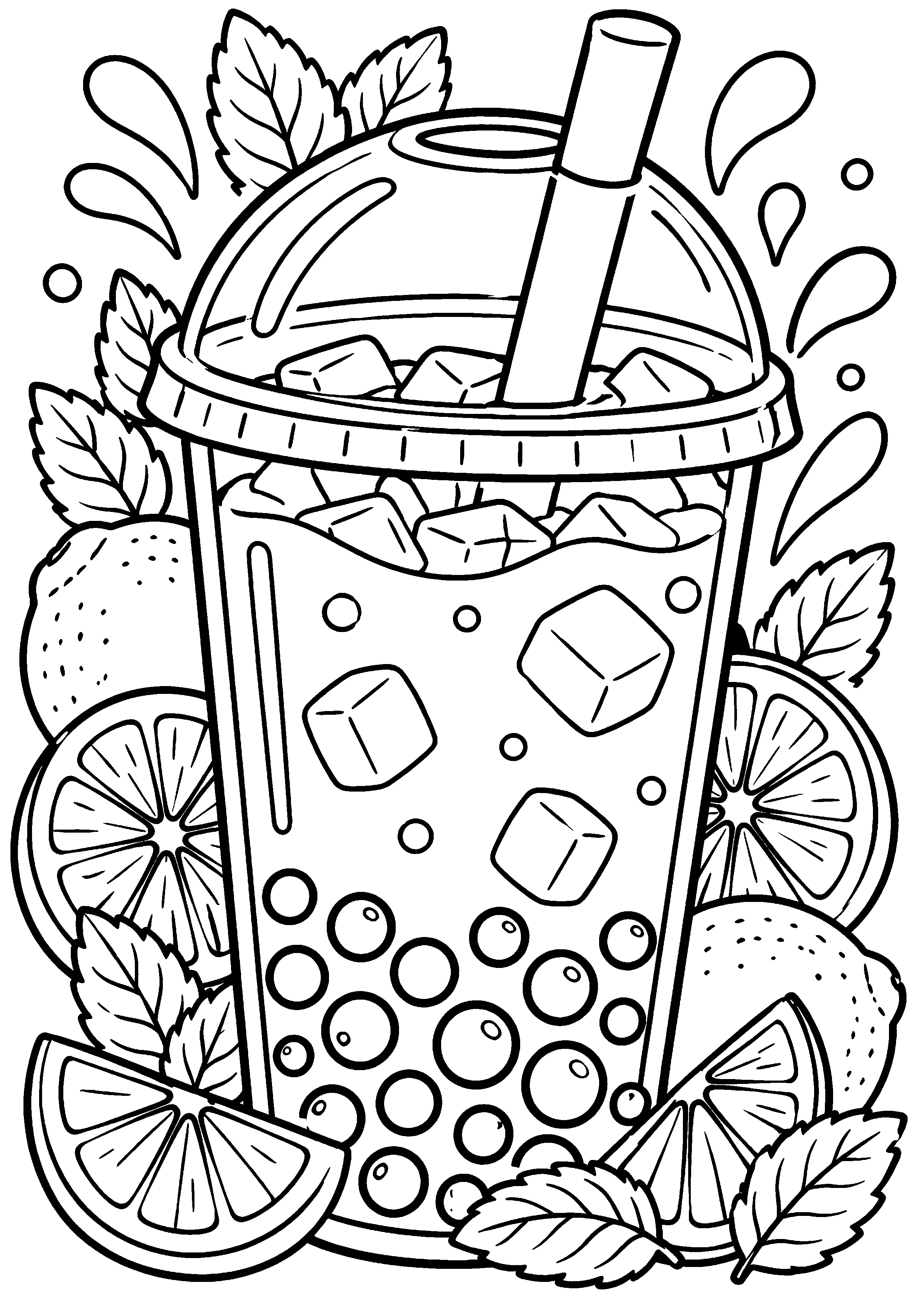 Grand coloriage d’un bubble tea pendant le mélange des ingrédients, contours noirs nets sur fond blanc