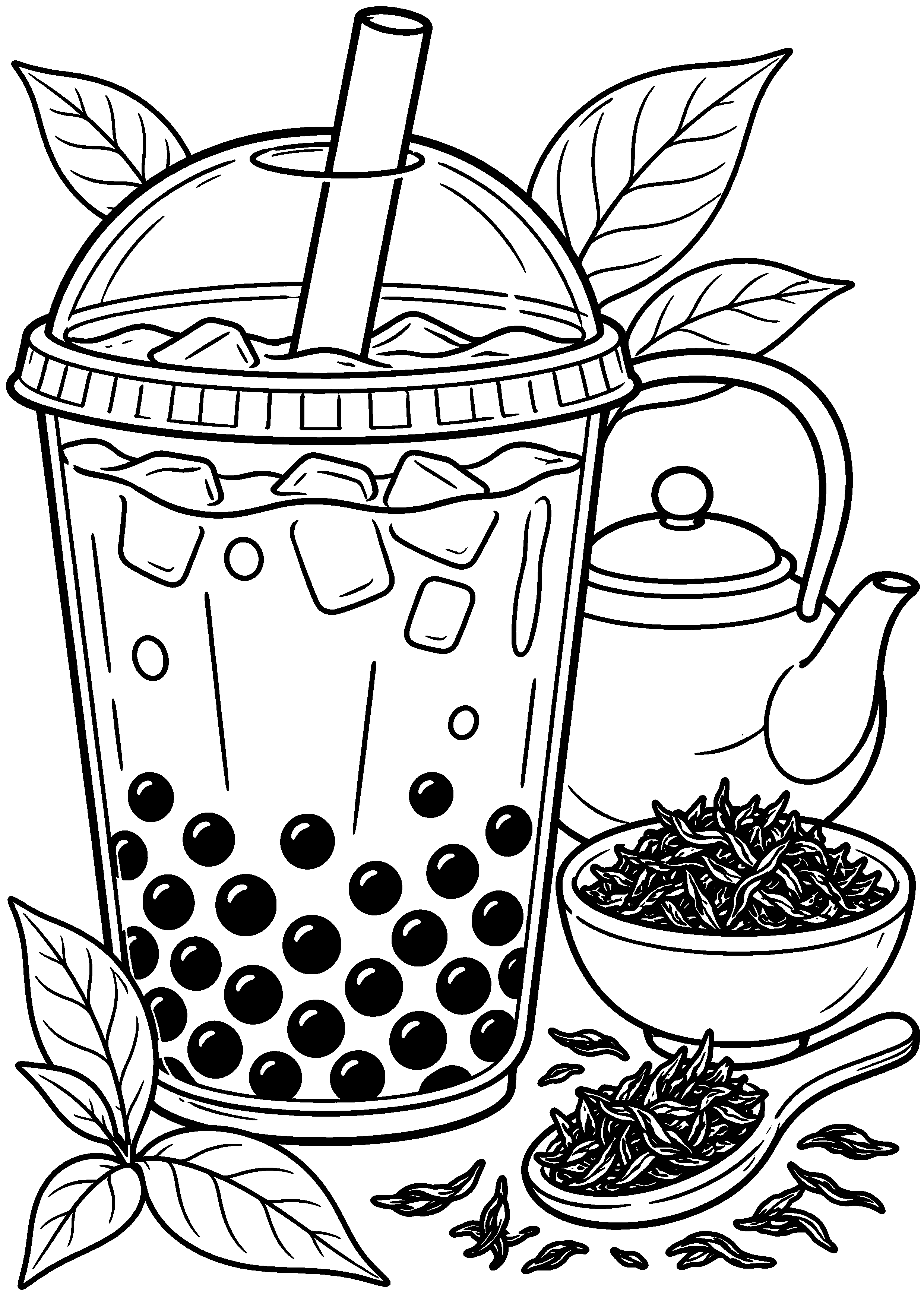 Grand coloriage d’un bubble tea sur une table de cuisine, contours noirs nets sur fond blanc
