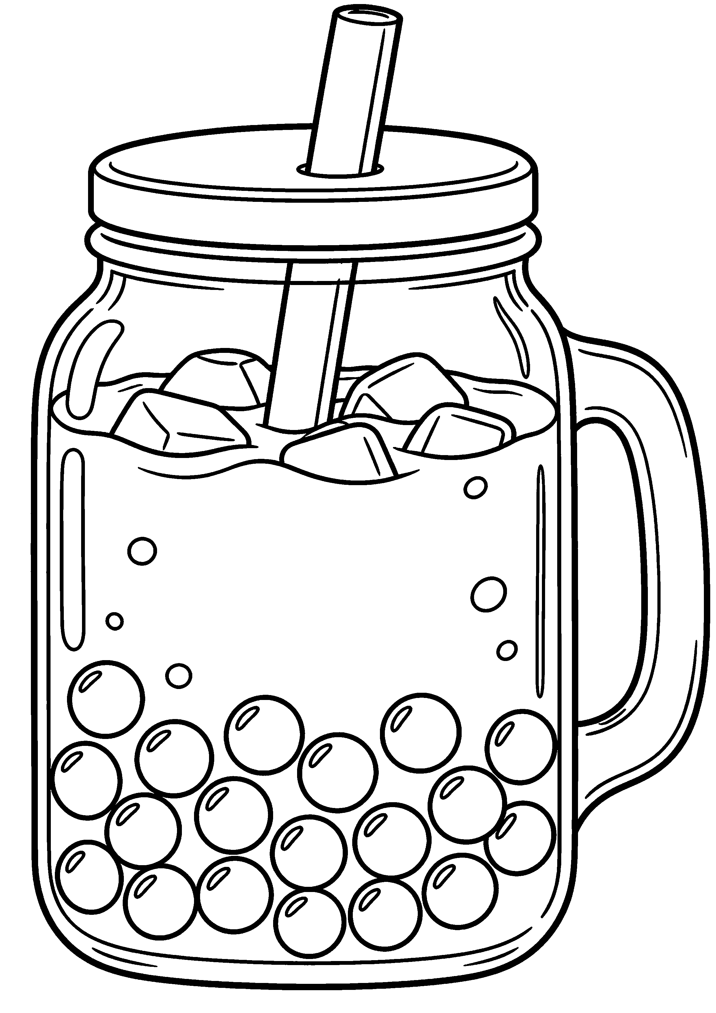 Grand coloriage d’un bubble tea sur un plateau de service sans marque, contours noirs nets sur fond blanc
