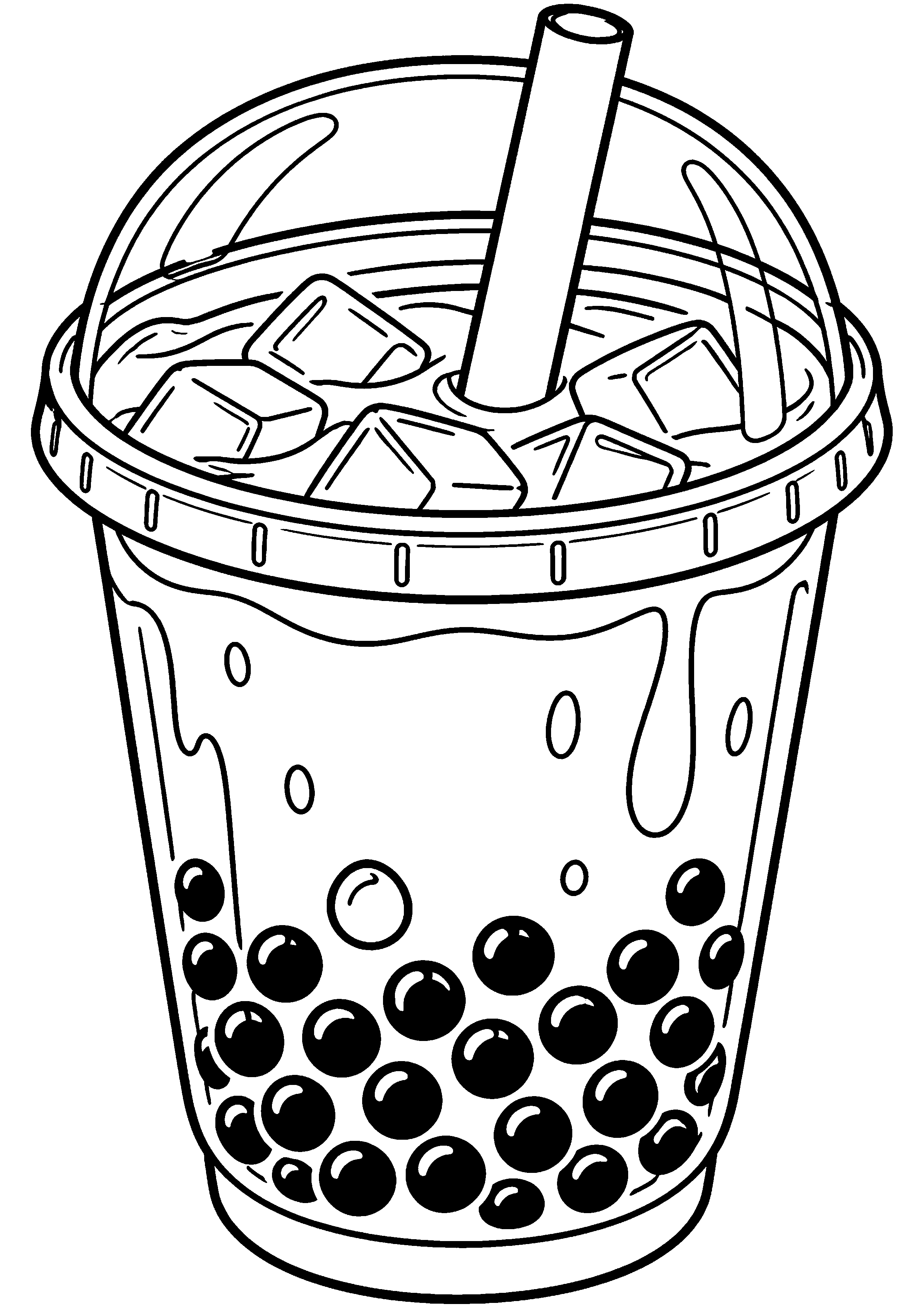 Grand coloriage d’un bubble tea dans une composition de goûter, contours noirs nets sur fond blanc