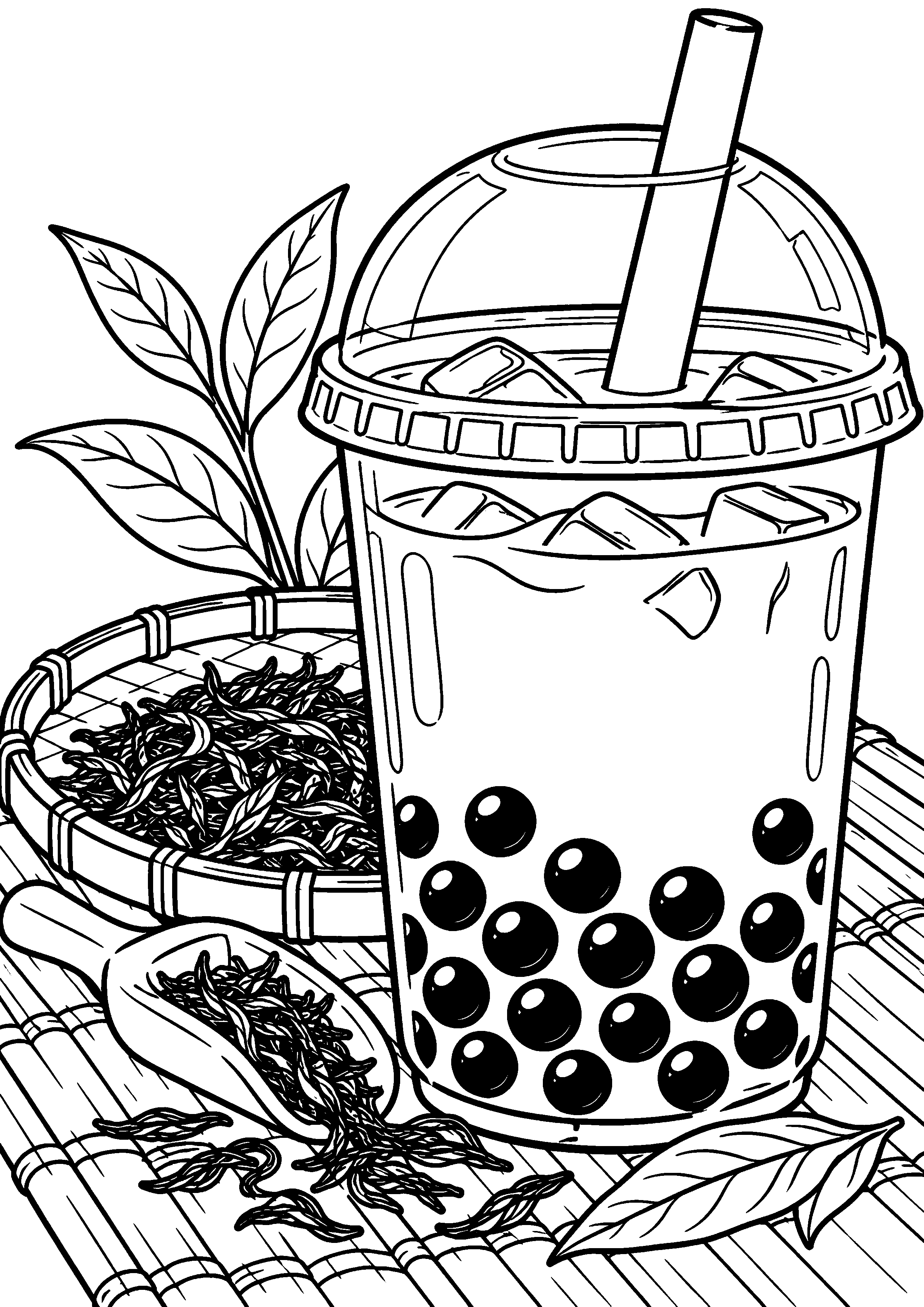 Grand coloriage d’un bubble tea en verre-personnage souriant original, contours noirs nets sur fond blanc