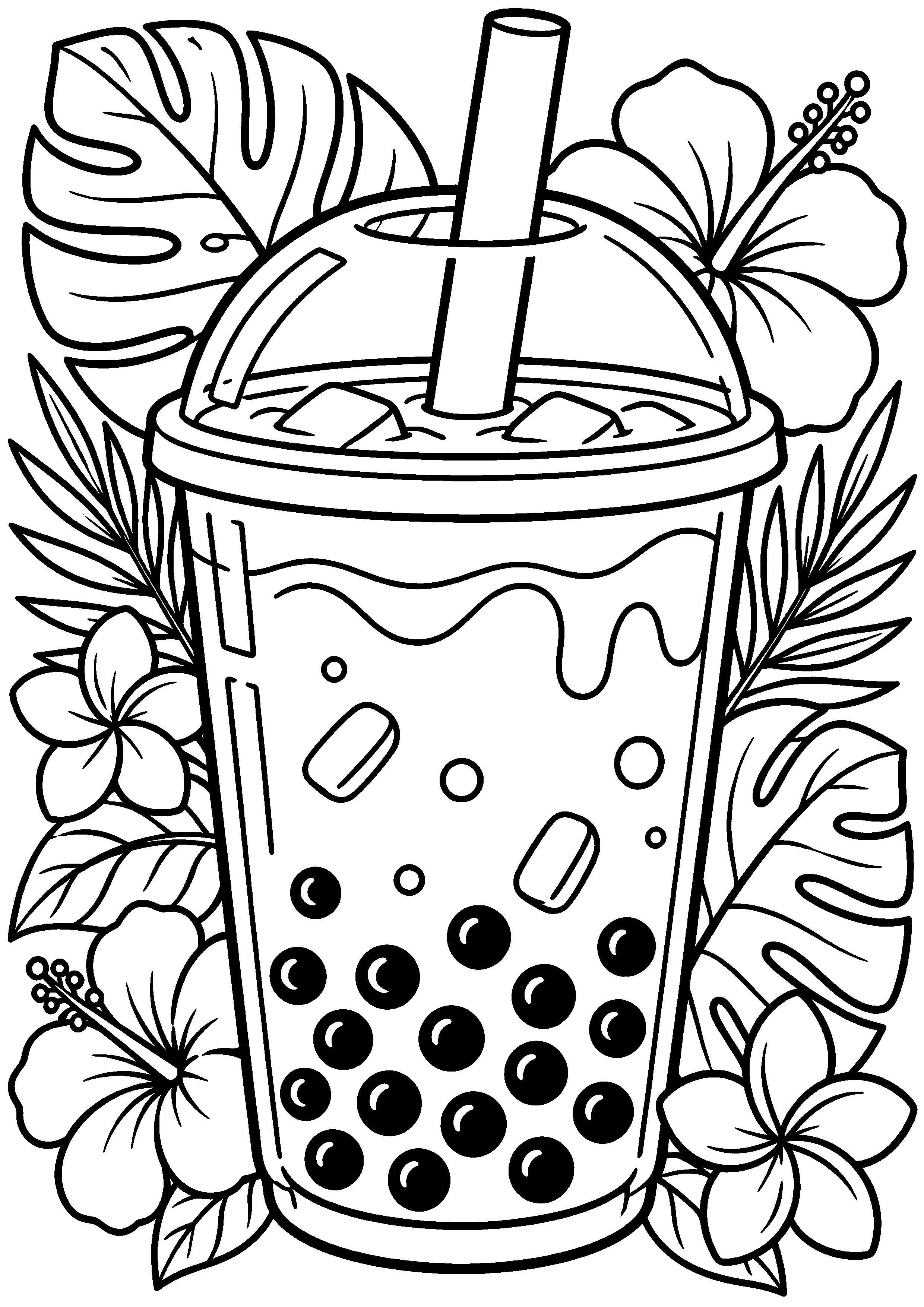 Grand coloriage d’un bubble tea avec une paille géante et des perles visibles, contours noirs nets sur fond blanc